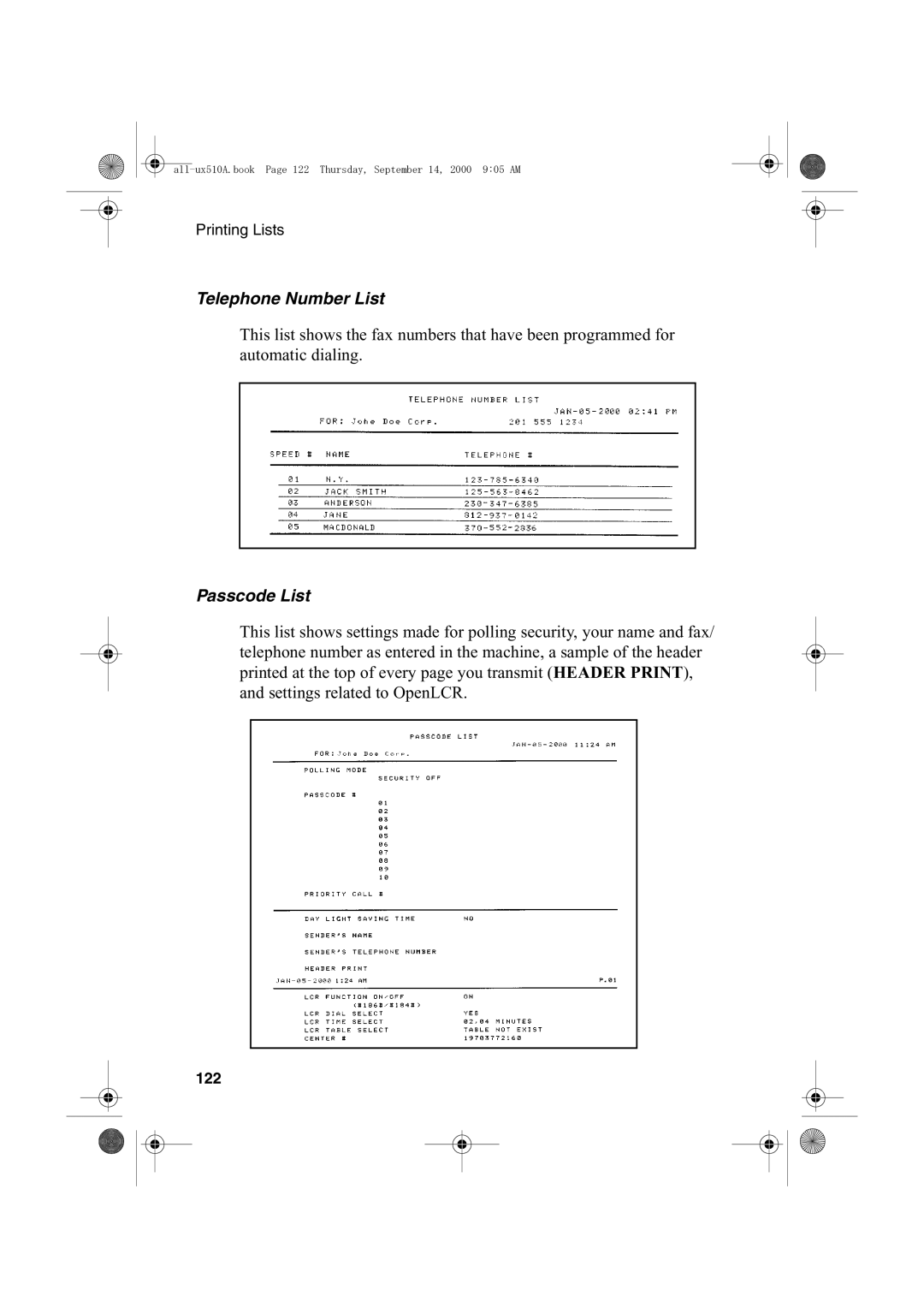 Sharp FO-1470 operation manual Telephone Number List, Passcode List, 122 