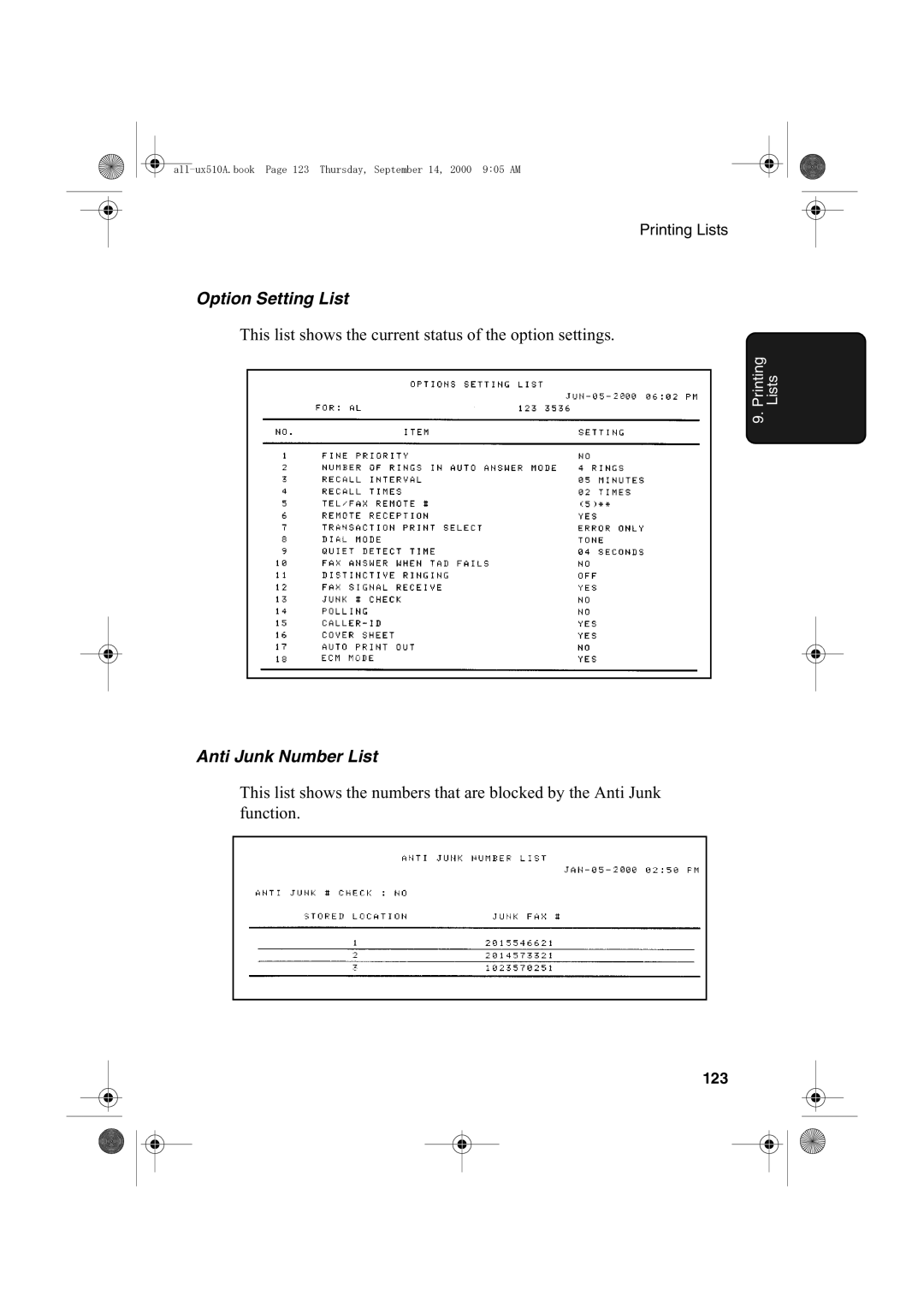 Sharp FO-1470 operation manual Option Setting List, Anti Junk Number List, 123 