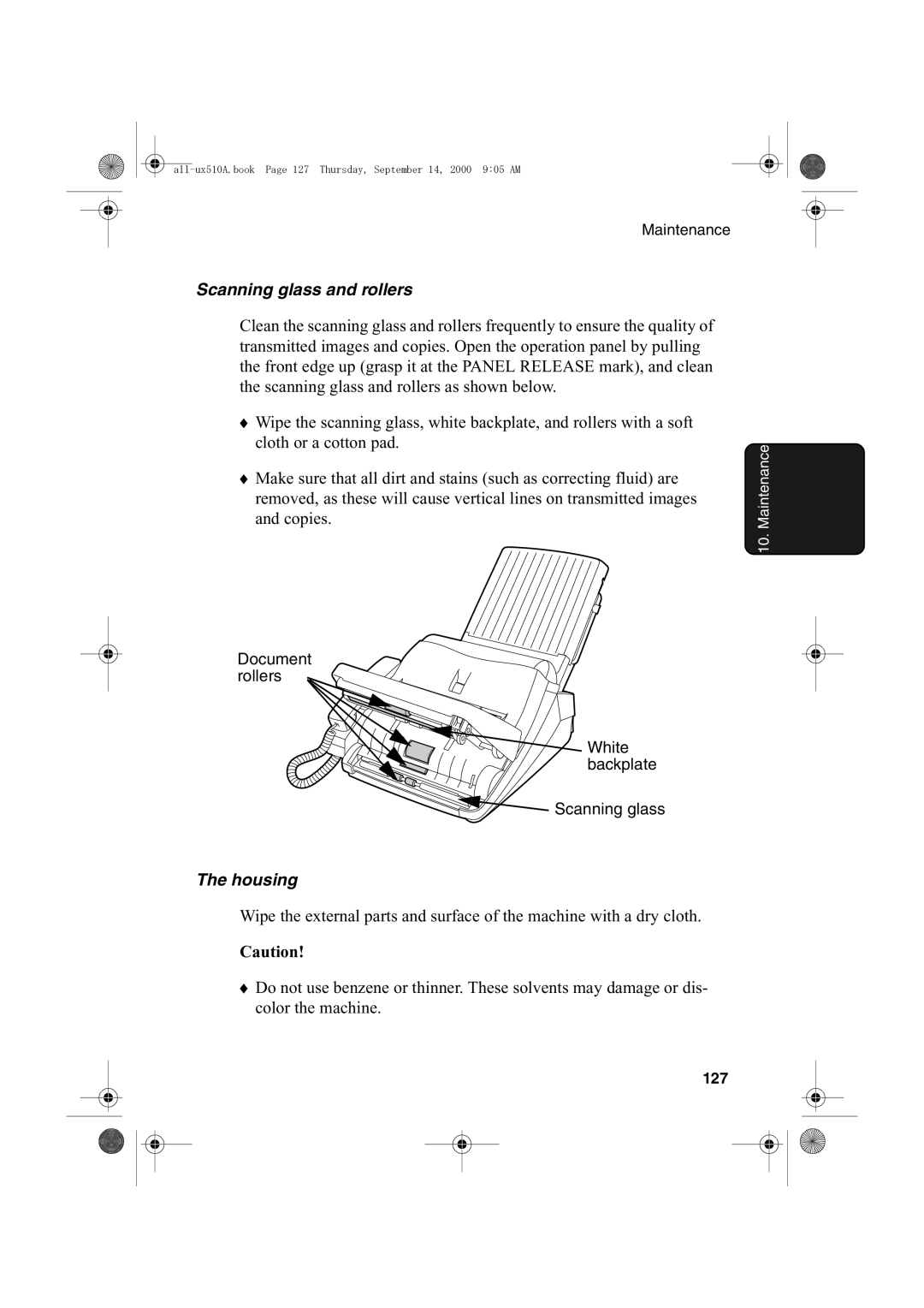 Sharp FO-1470 operation manual Scanning glass and rollers, Housing, 127 