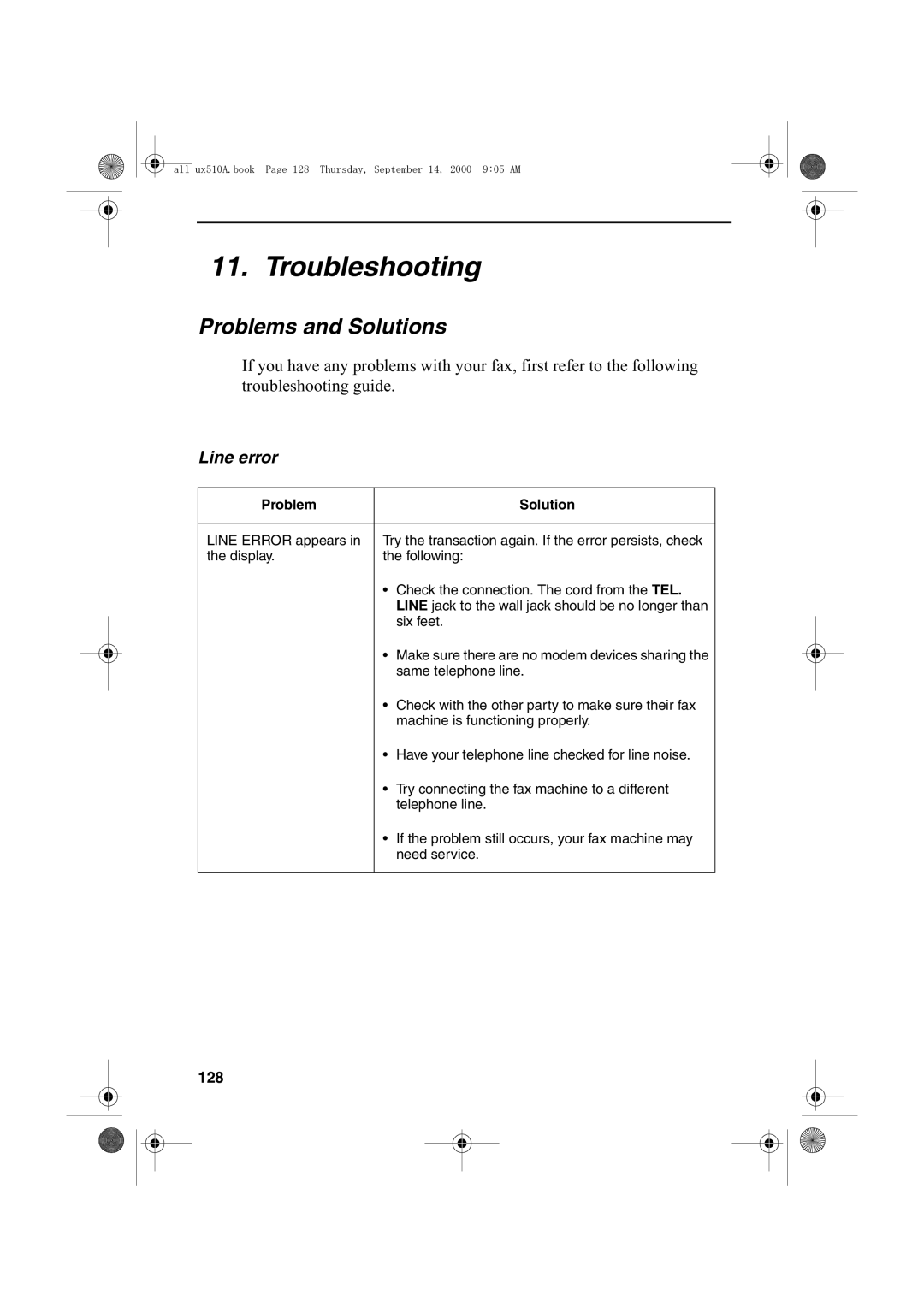 Sharp FO-1470 operation manual Troubleshooting, Problems and Solutions, Line error, 128 