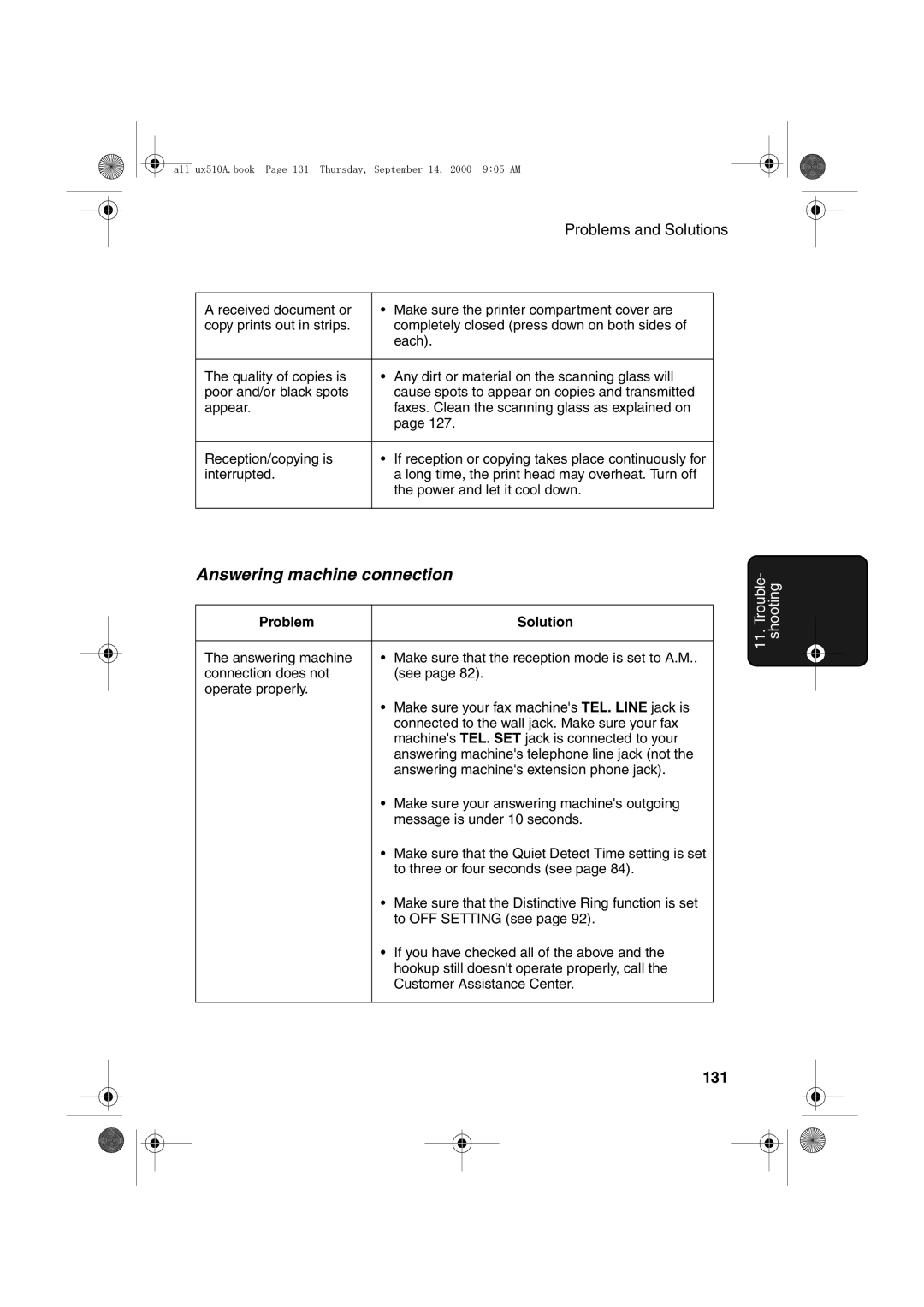 Sharp FO-1470 operation manual Answering machine connection, 131 