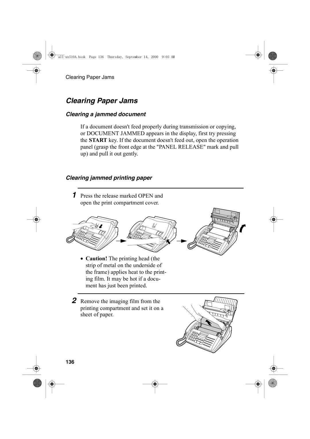 Sharp FO-1470 operation manual Clearing Paper Jams, Clearing a jammed document, Clearing jammed printing paper, 136 