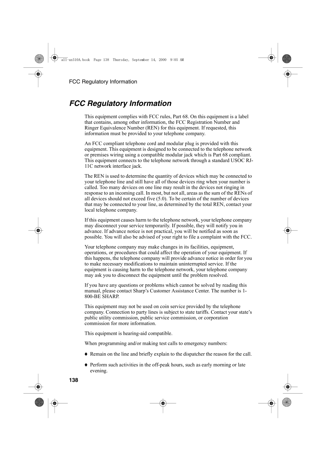 Sharp FO-1470 operation manual FCC Regulatory Information, 138 