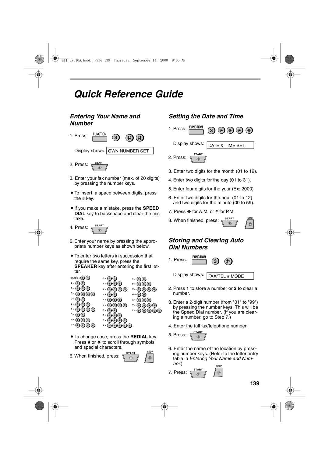 Sharp FO-1470 operation manual Quick Reference Guide, Entering Your Name and Number Setting the Date and Time, 139 