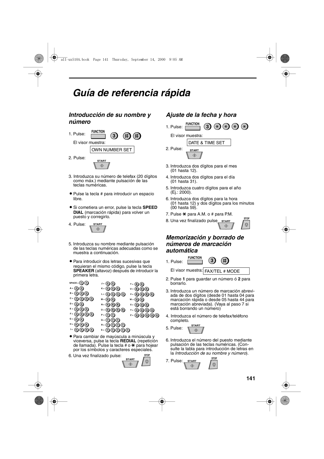 Sharp FO-1470 Guía de referencia rápida, Introducción de su nombre y número, Ajuste de la fecha y hora, 141 