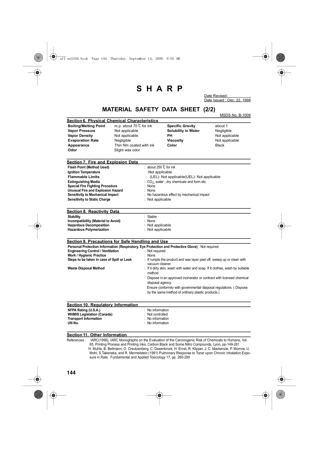 Sharp FO-1470 operation manual Material Safety Data Sheet 2/2, 144 