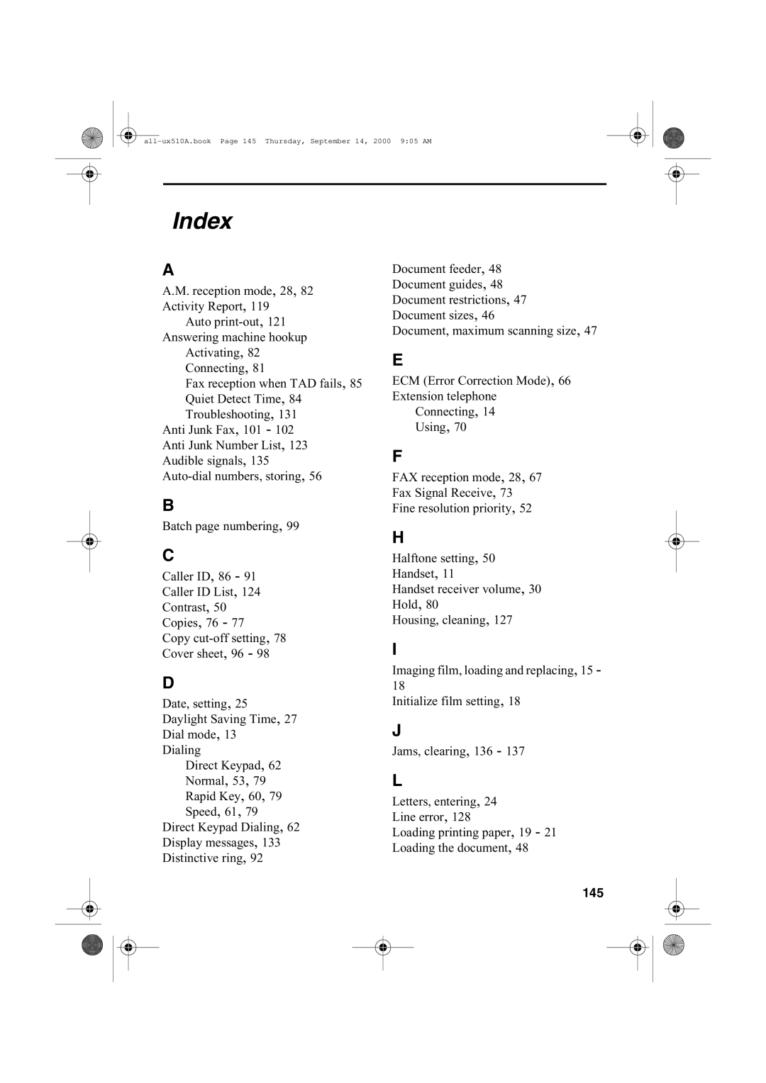 Sharp FO-1470 operation manual Index, 145 