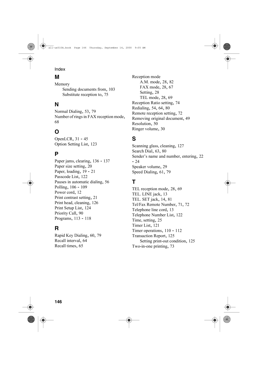 Sharp FO-1470 operation manual Index, 146 