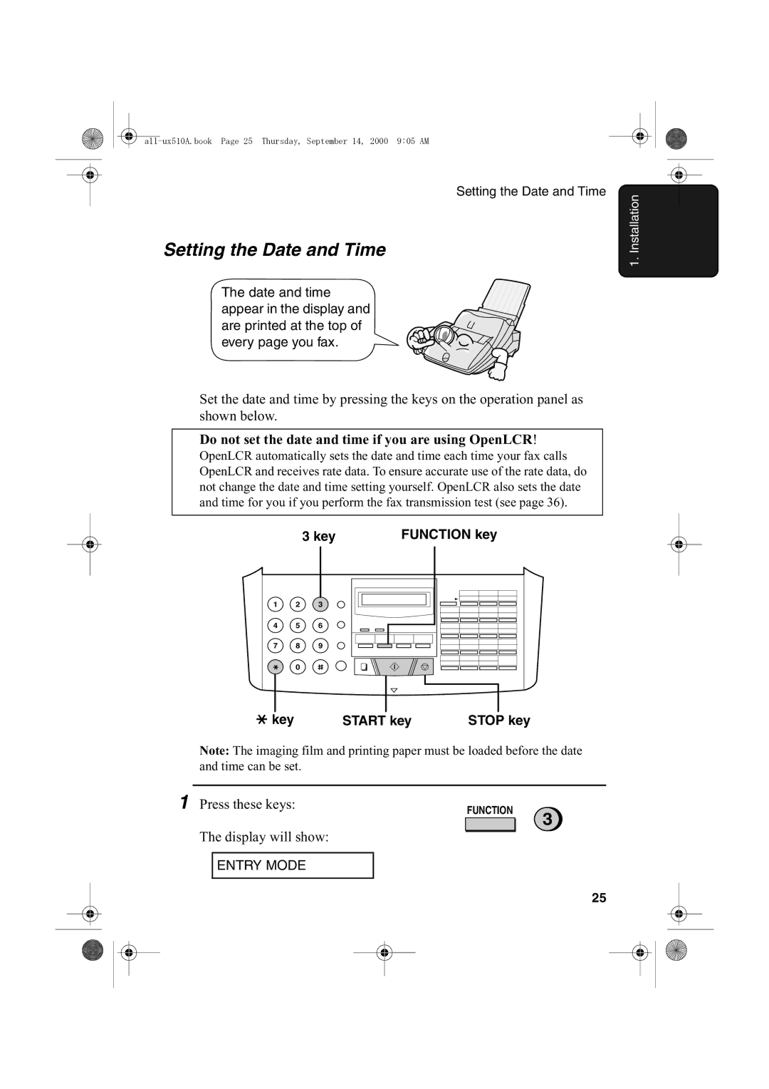 Sharp FO-1470 operation manual Setting the Date and Time, Do not set the date and time if you are using OpenLCR 