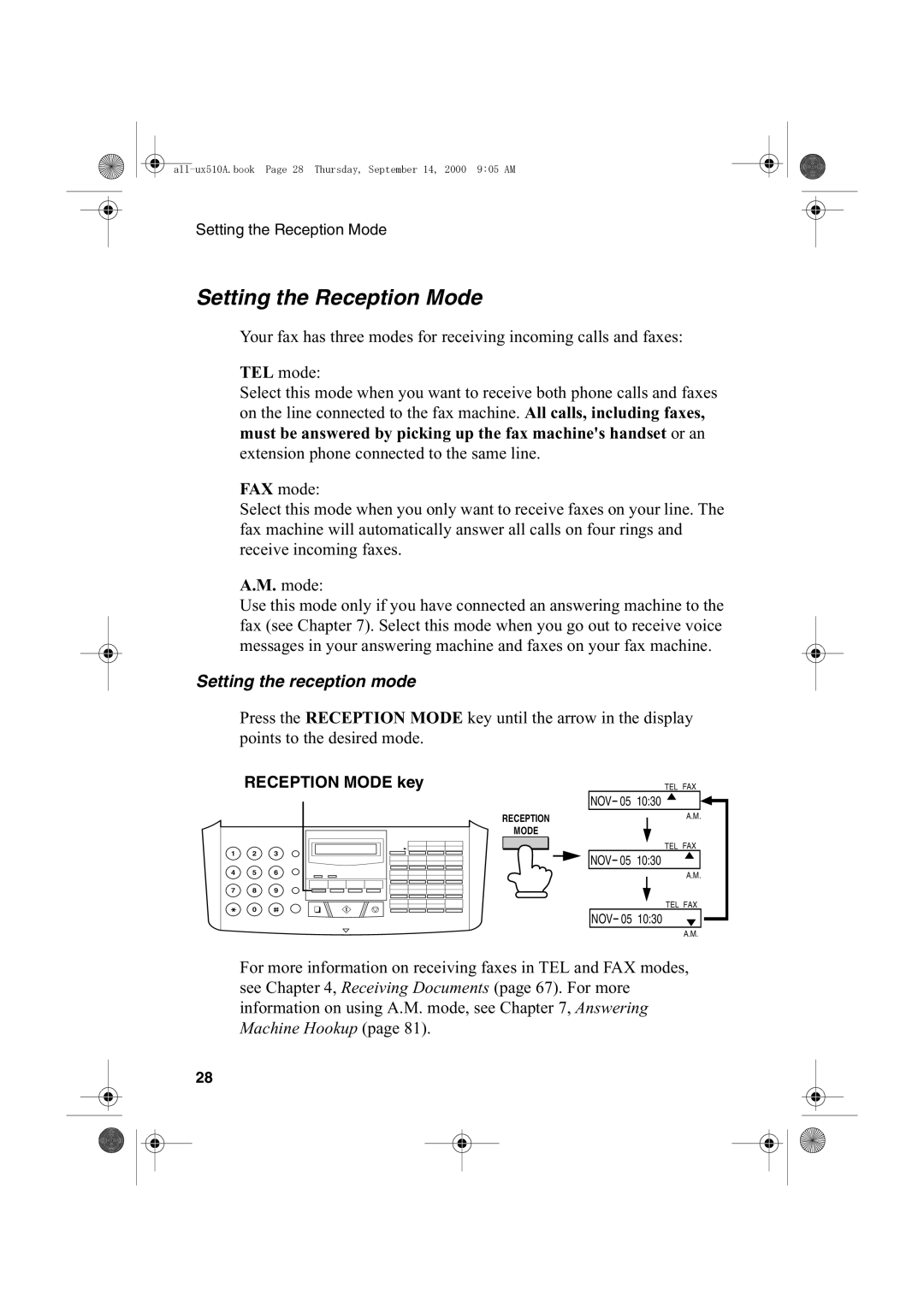 Sharp FO-1470 operation manual Setting the Reception Mode, Setting the reception mode 