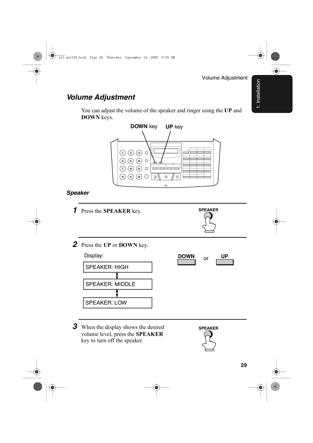 Sharp FO-1470 operation manual Volume Adjustment, Speaker 