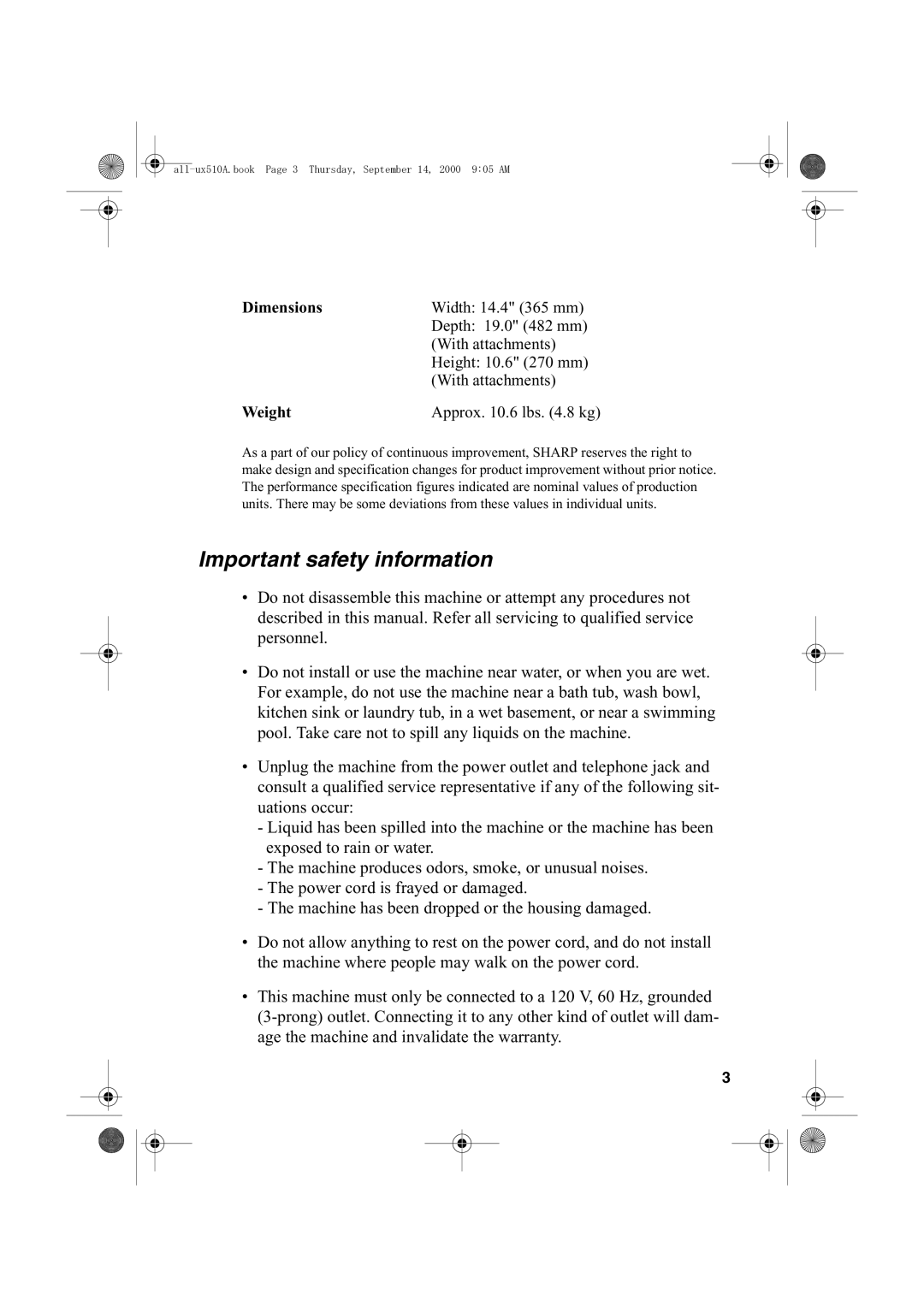 Sharp FO-1470 operation manual Important safety information, Weight 