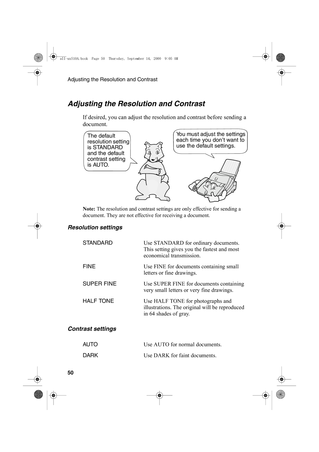 Sharp FO-1470 operation manual Adjusting the Resolution and Contrast, Resolution settings, Contrast settings 