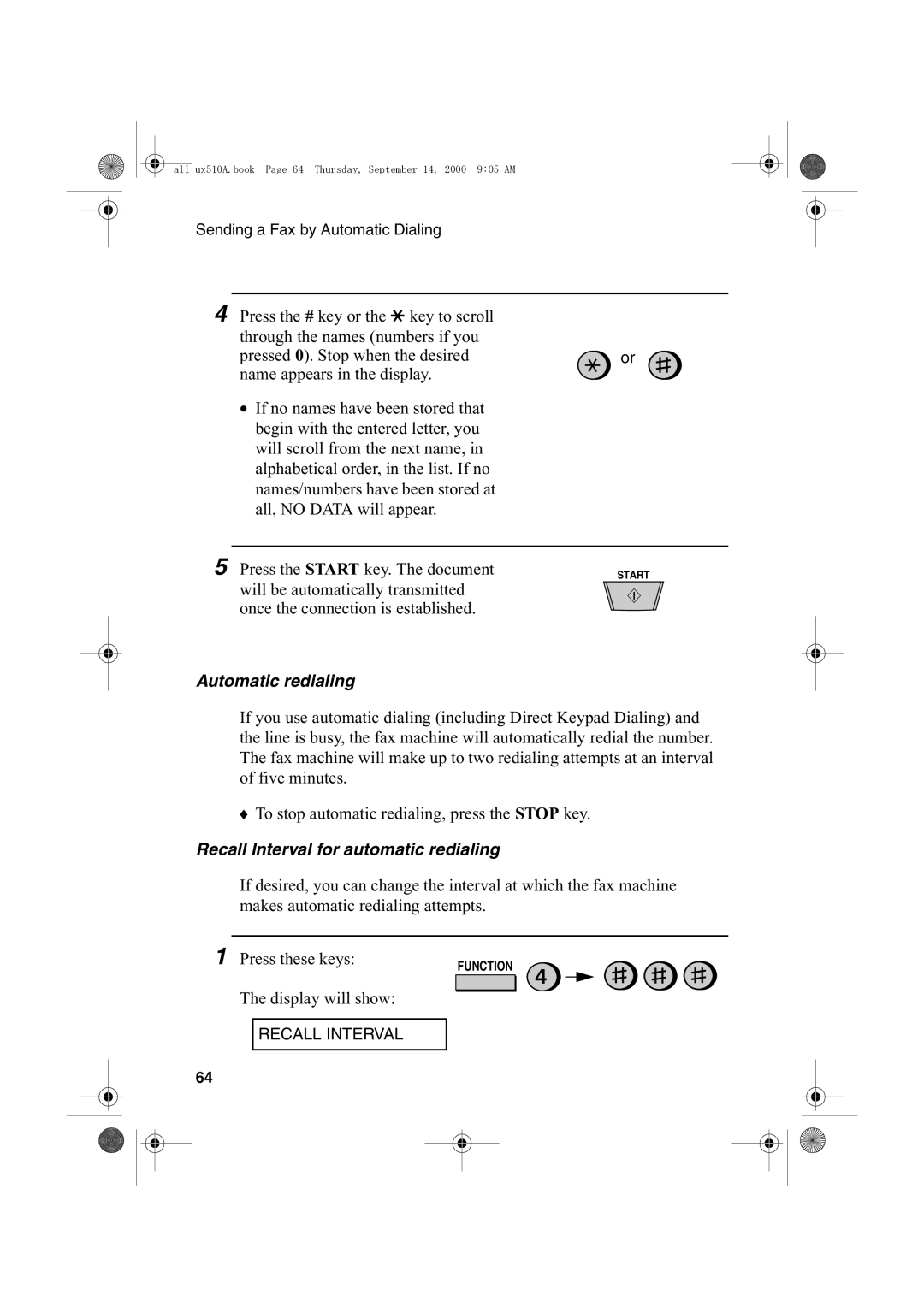 Sharp FO-1470 operation manual Automatic redialing, Recall Interval for automatic redialing 