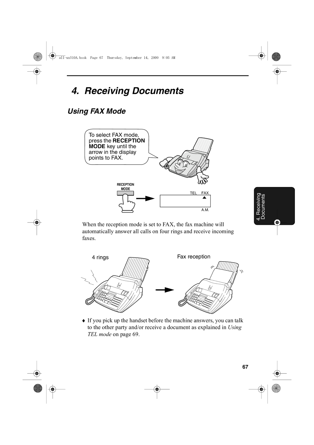 Sharp FO-1470 operation manual Receiving Documents, Using FAX Mode 