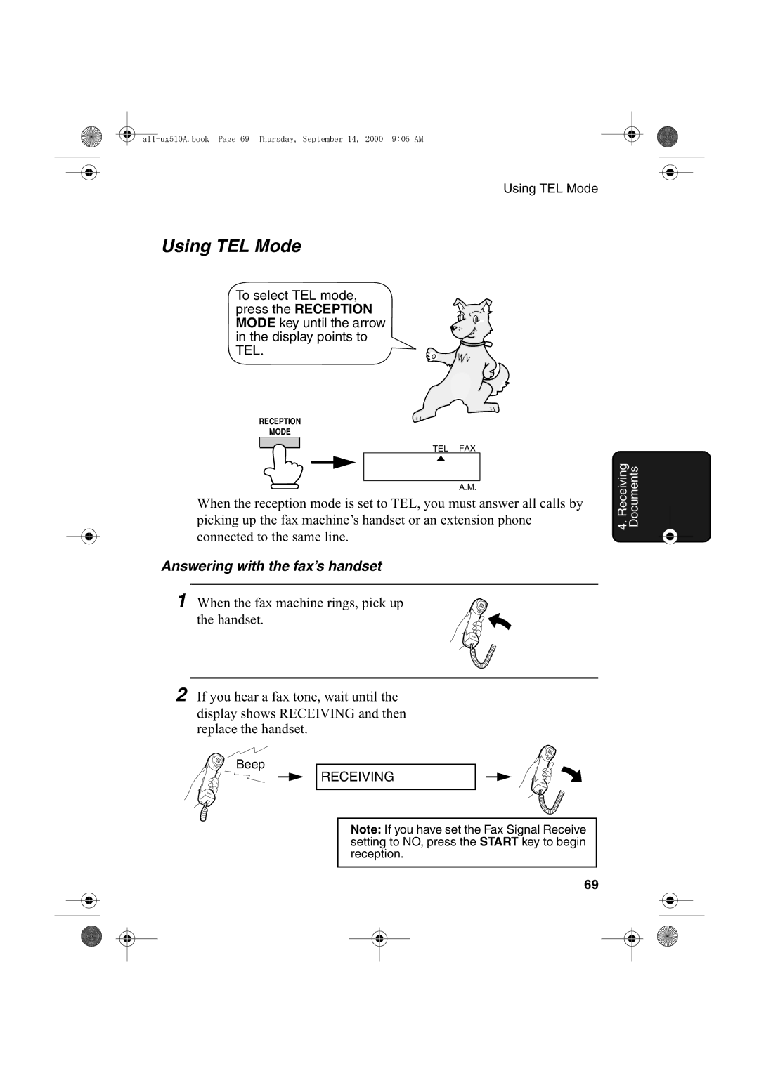 Sharp FO-1470 operation manual Using TEL Mode, Answering with the fax’s handset 