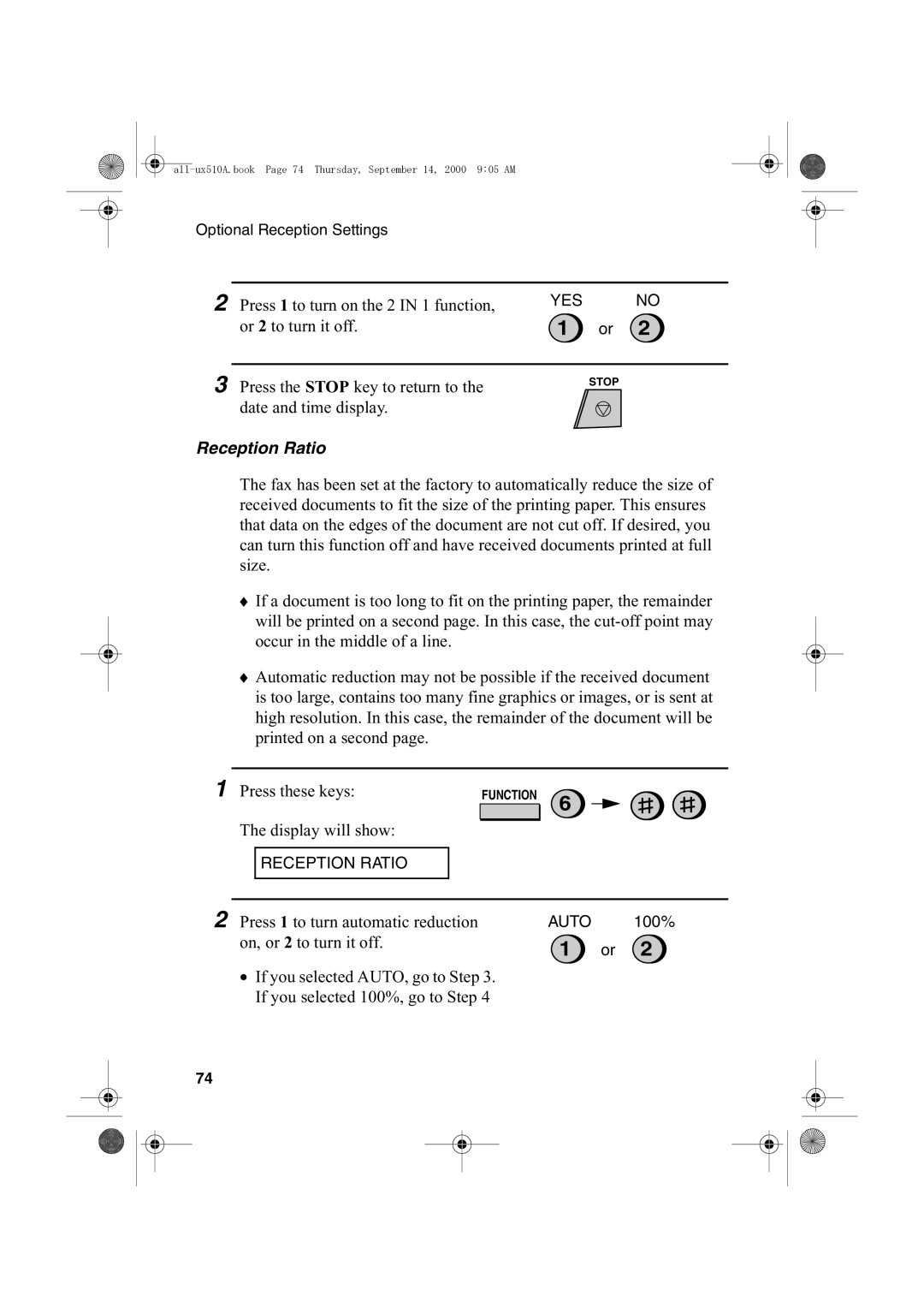 Sharp FO-1470 operation manual Reception Ratio, Press 1 to turn automatic reduction on, or 2 to turn it off 