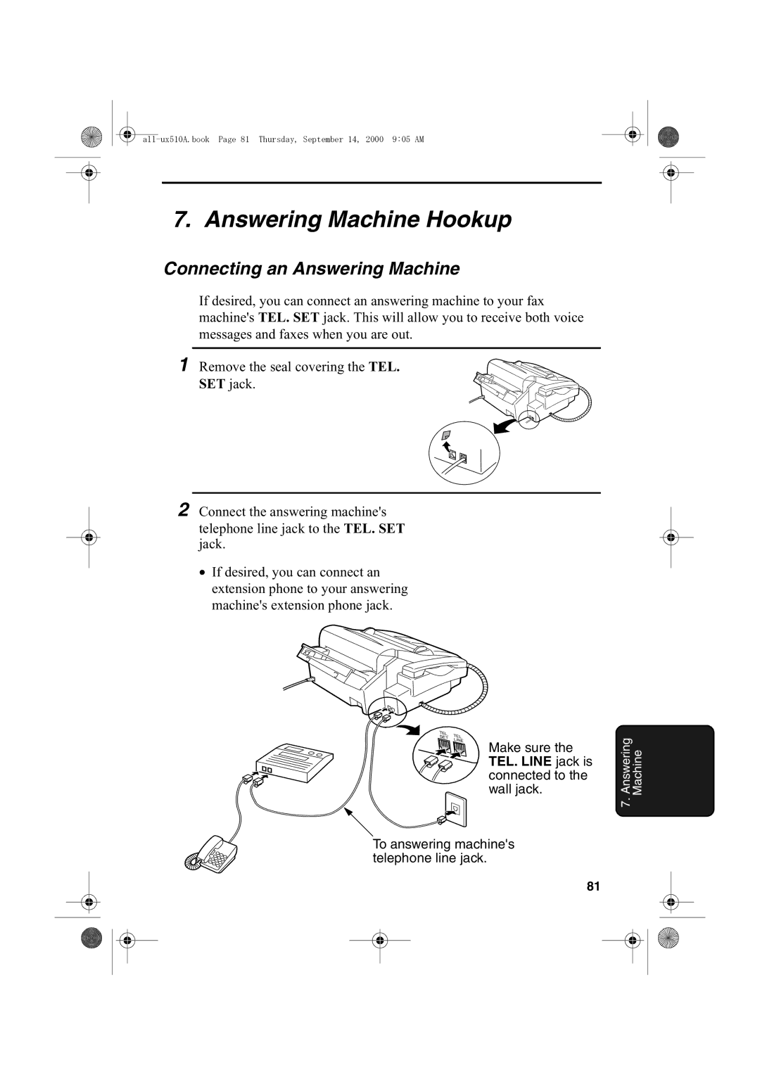 Sharp FO-1470 operation manual Answering Machine Hookup, Connecting an Answering Machine 