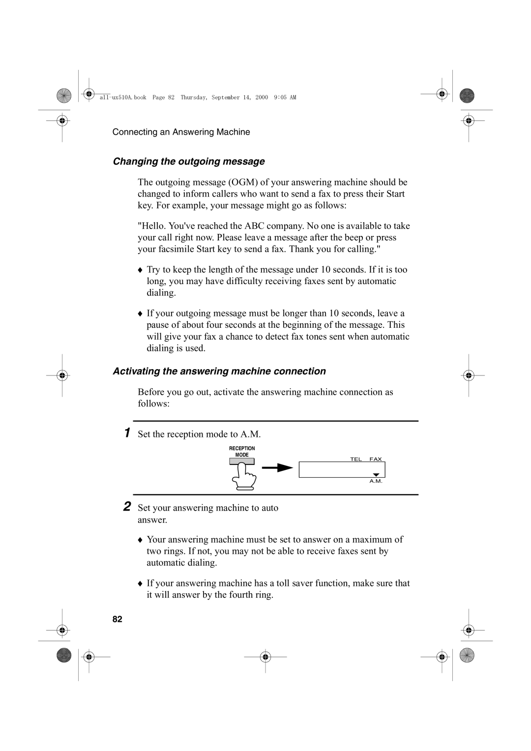 Sharp FO-1470 operation manual Changing the outgoing message, Activating the answering machine connection 