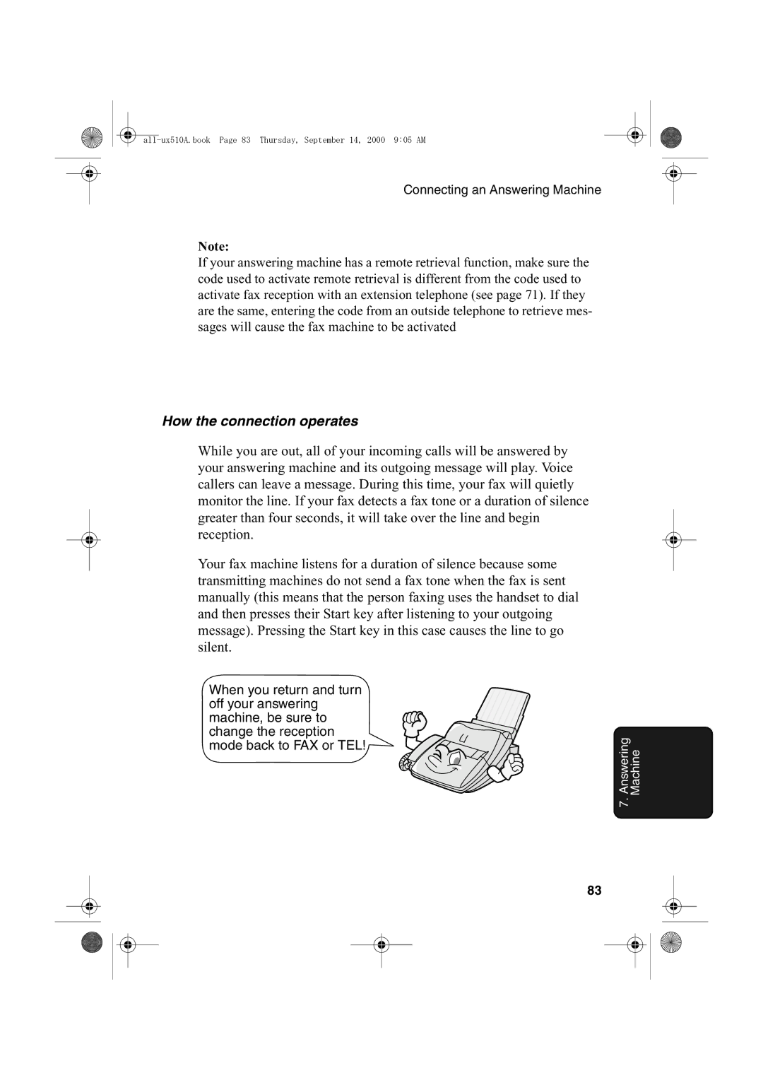 Sharp FO-1470 operation manual How the connection operates, Mode back to FAX or TEL 