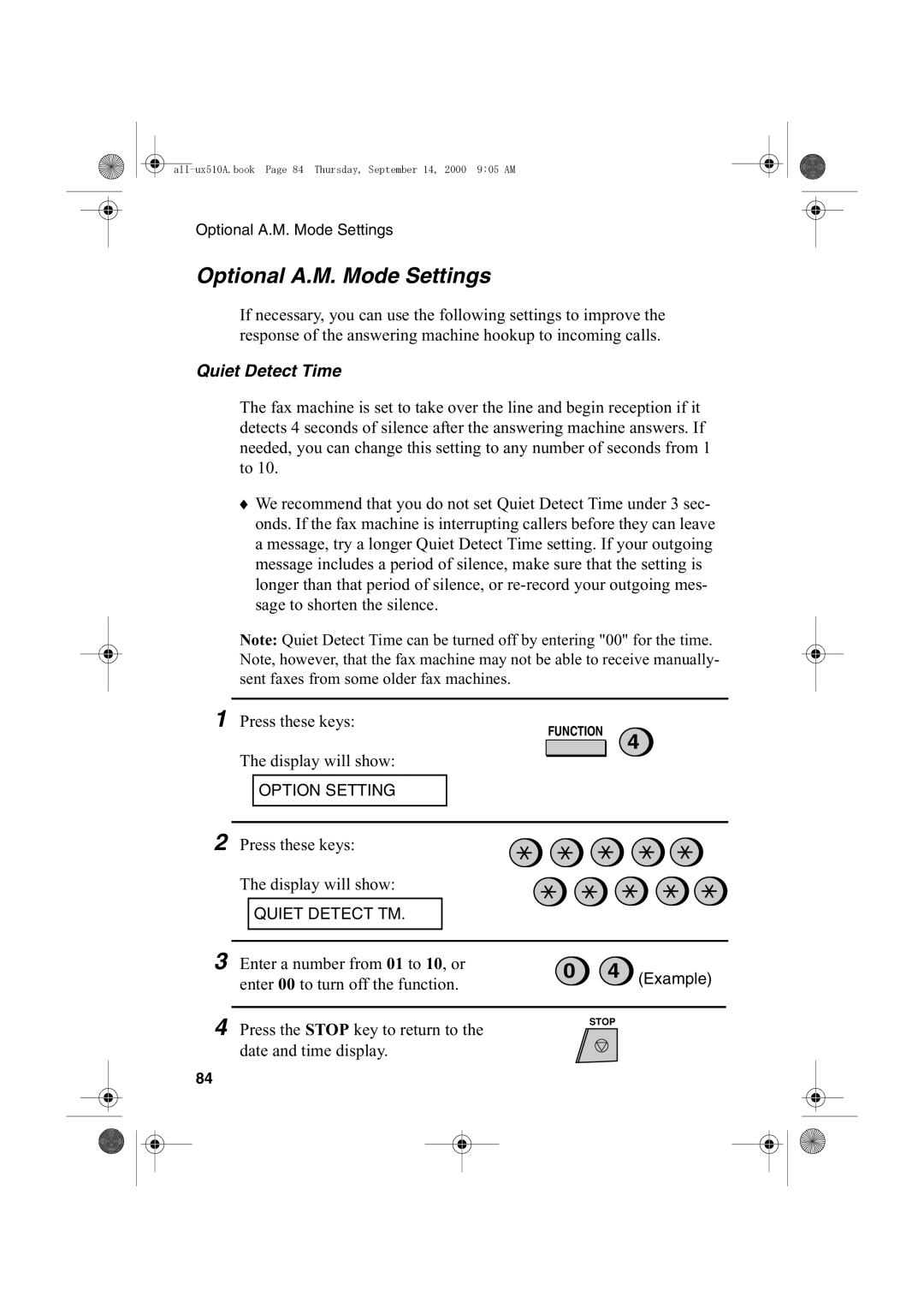 Sharp FO-1470 operation manual Optional A.M. Mode Settings, Quiet Detect Time 