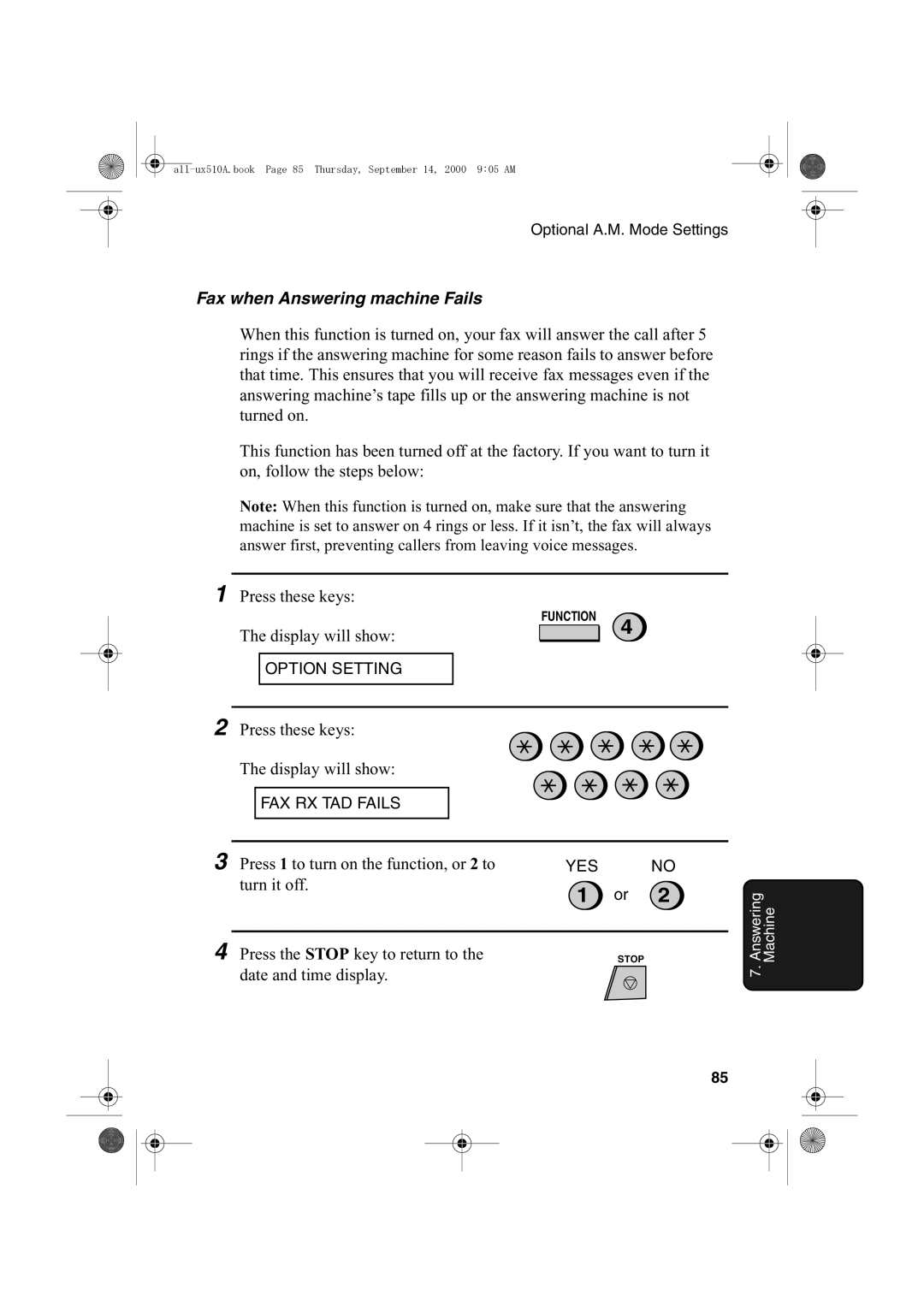 Sharp FO-1470 operation manual Fax when Answering machine Fails, Display will show 