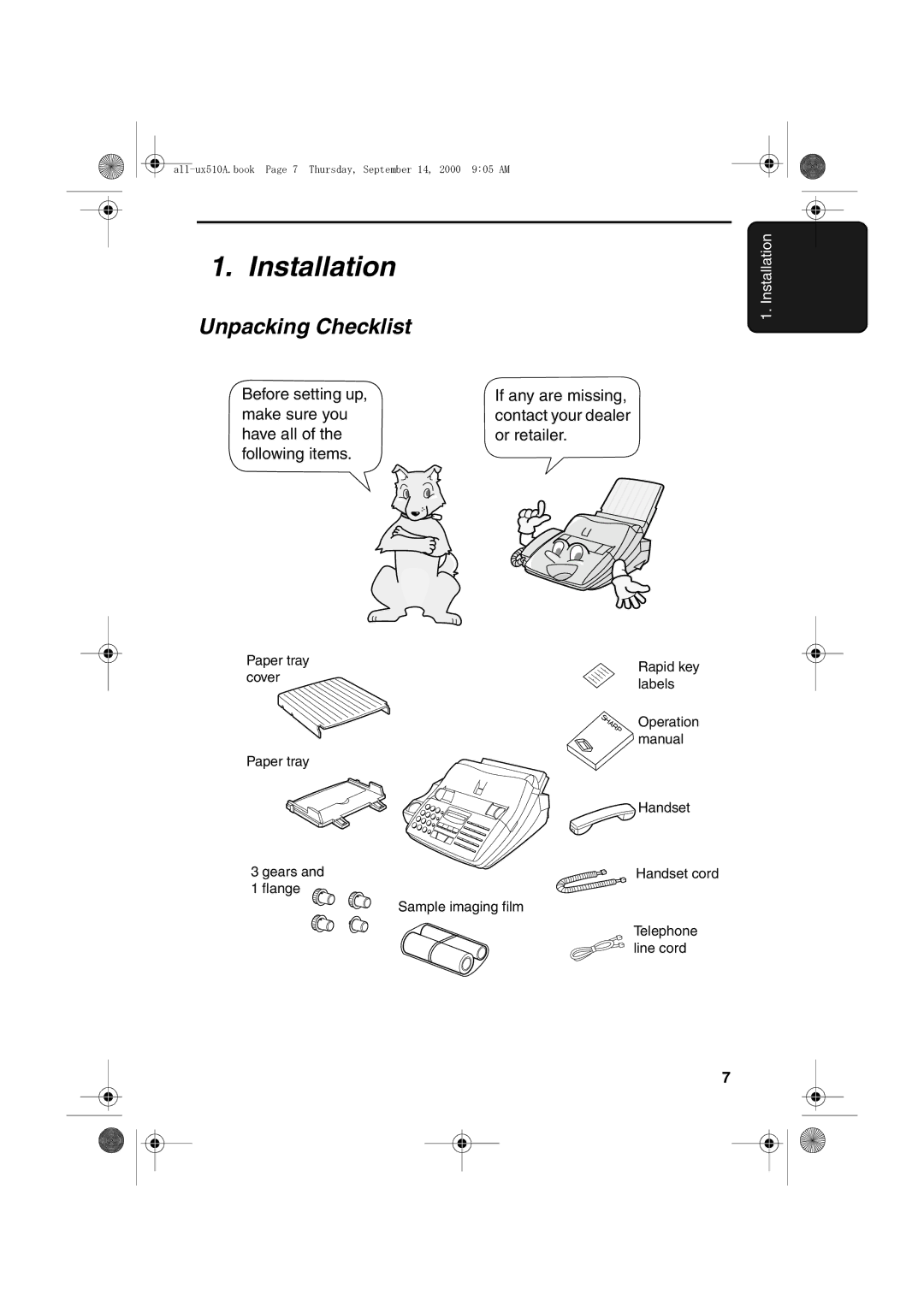 Sharp FO-1470 operation manual Installation, Unpacking Checklist 