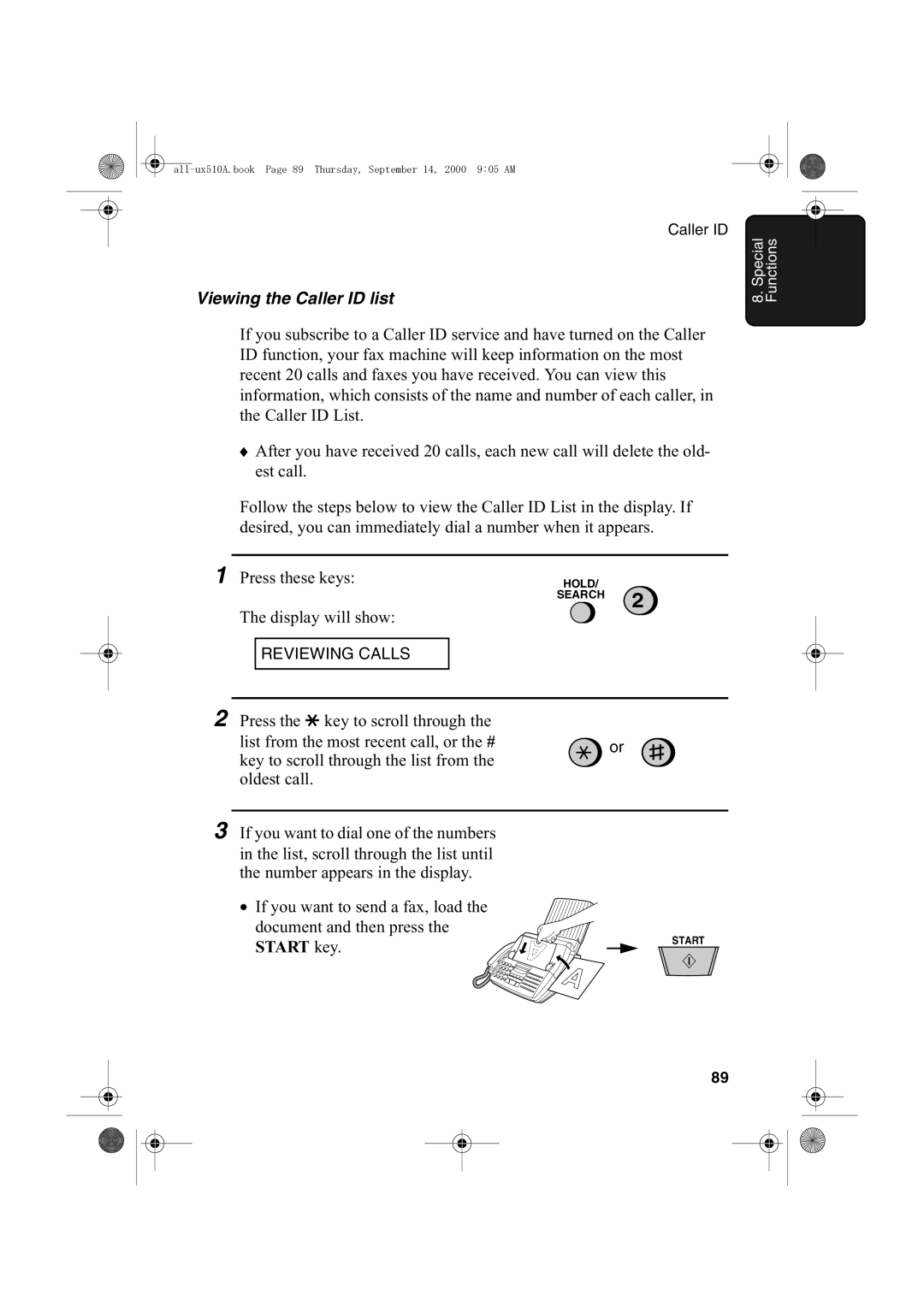 Sharp FO-1470 operation manual Viewing the Caller ID list, Start key 