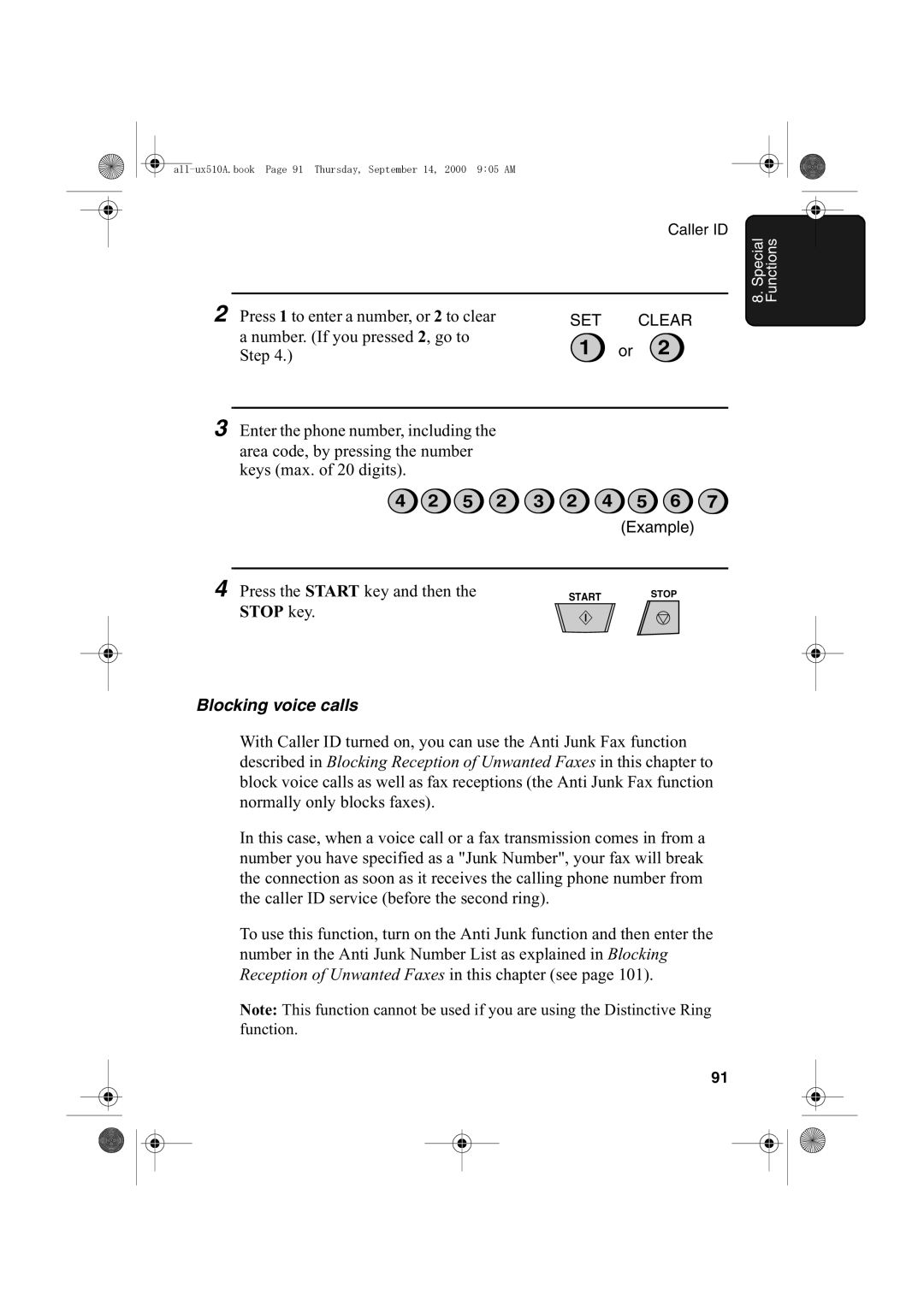 Sharp FO-1470 operation manual Stop key, Blocking voice calls 