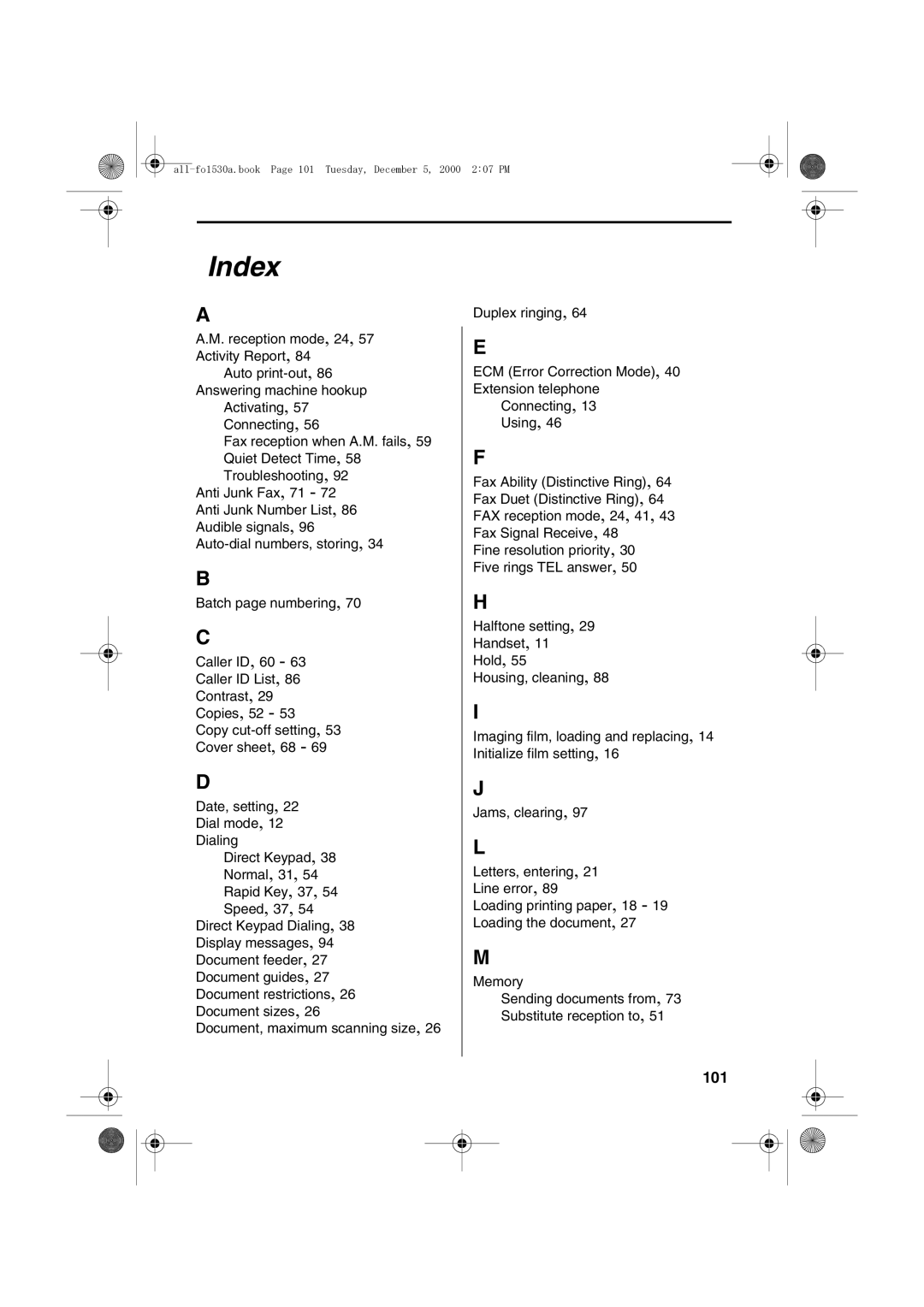 Sharp FO-1530 operation manual Index, 101 