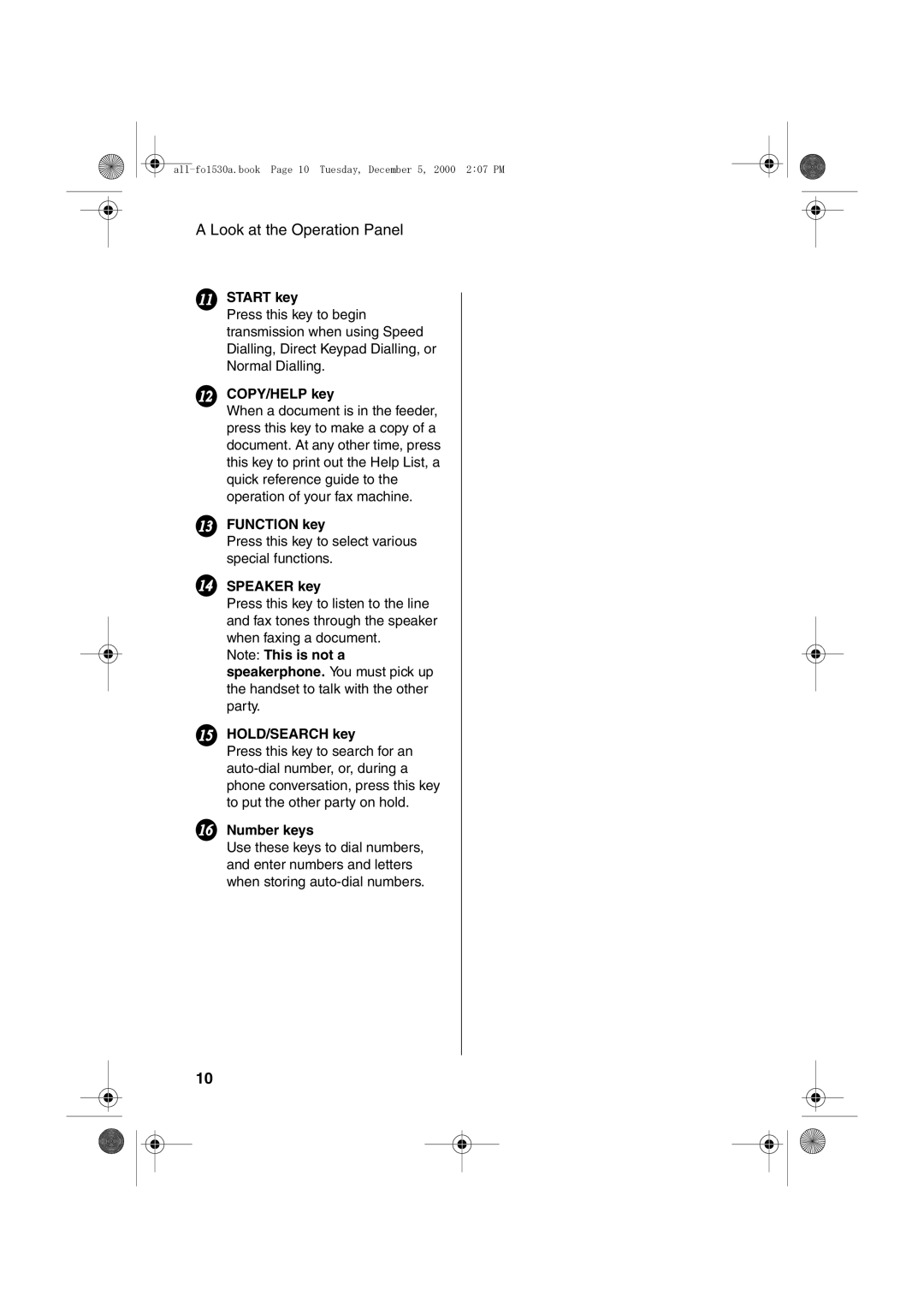 Sharp FO-1530 operation manual Start key, COPY/HELP key, Function key, Speaker key, HOLD/SEARCH key, Number keys 