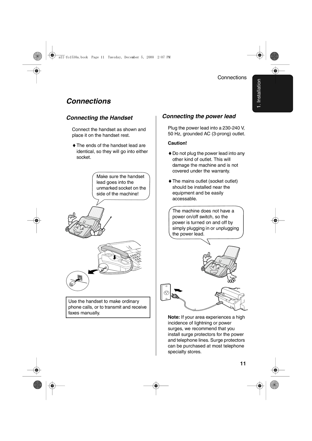 Sharp FO-1530 operation manual Connections, Connecting the Handset, Connecting the power lead 