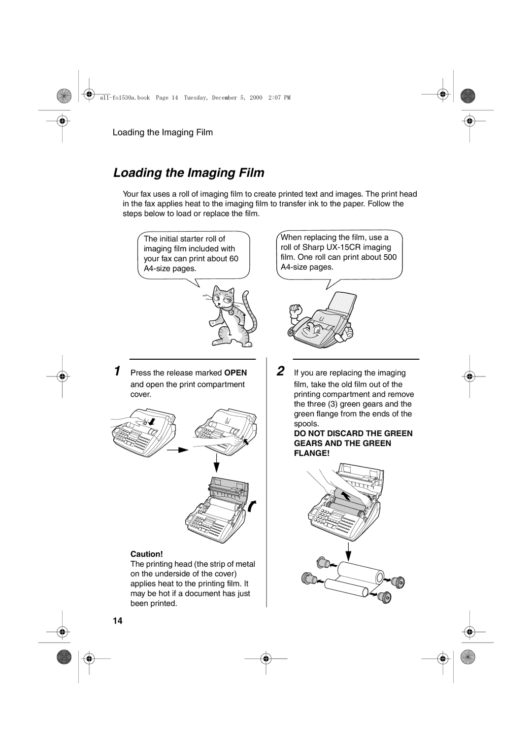 Sharp FO-1530 operation manual Loading the Imaging Film, Do not Discard the Green Gears and the Green Flange 