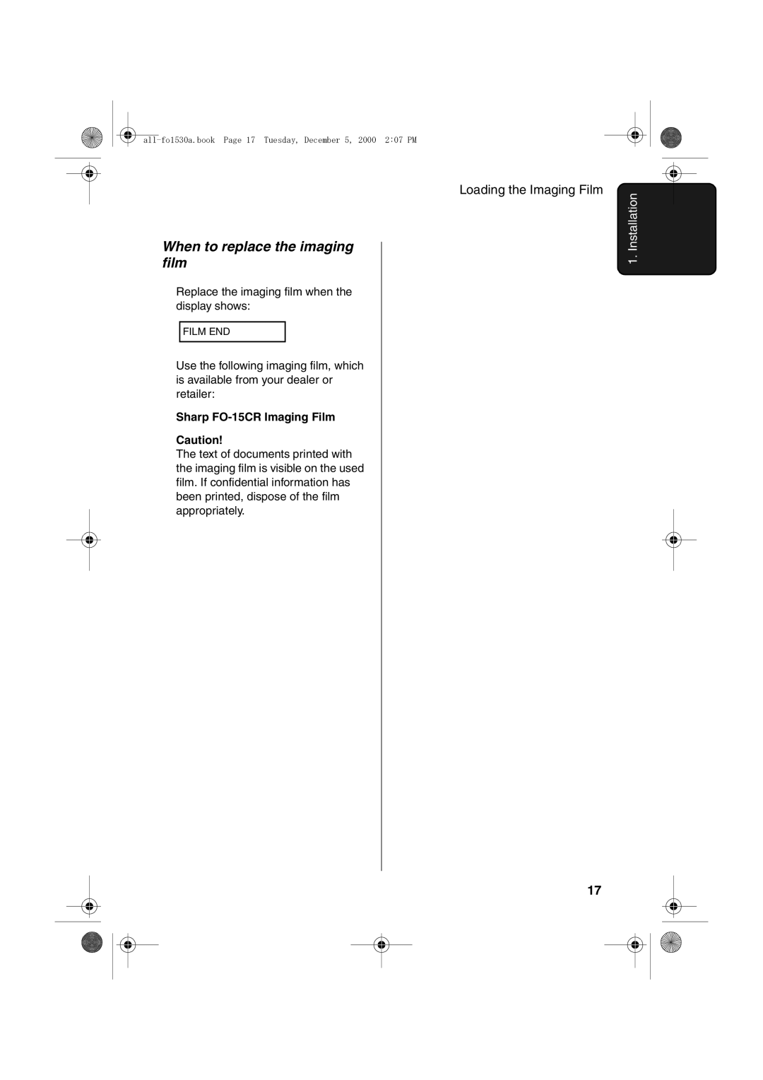 Sharp FO-1530 operation manual When to replace the imaging film, Sharp FO-15CR Imaging Film 