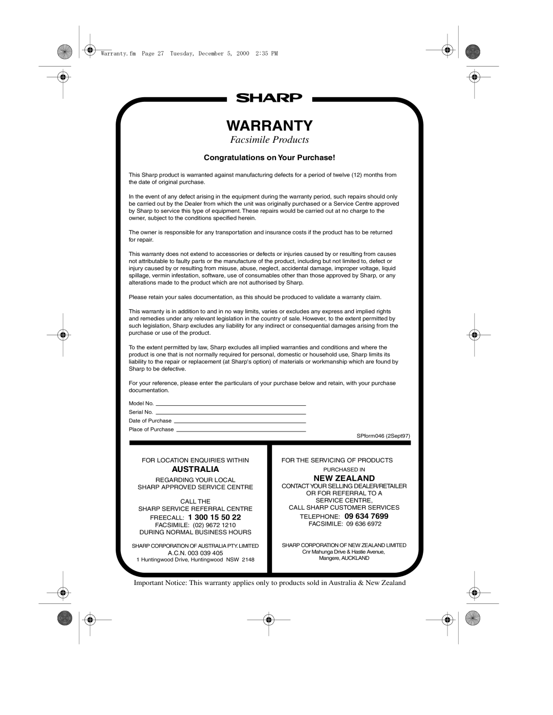 Sharp FO-1530 operation manual Warranty 