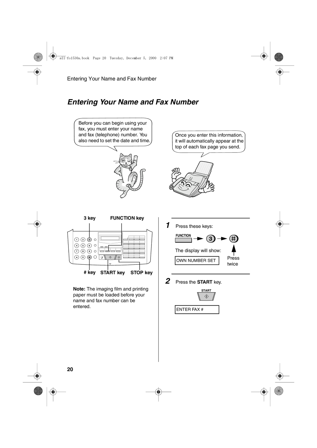 Sharp FO-1530 operation manual Entering Your Name and Fax Number, Key Function key, # key Start key Stop key 