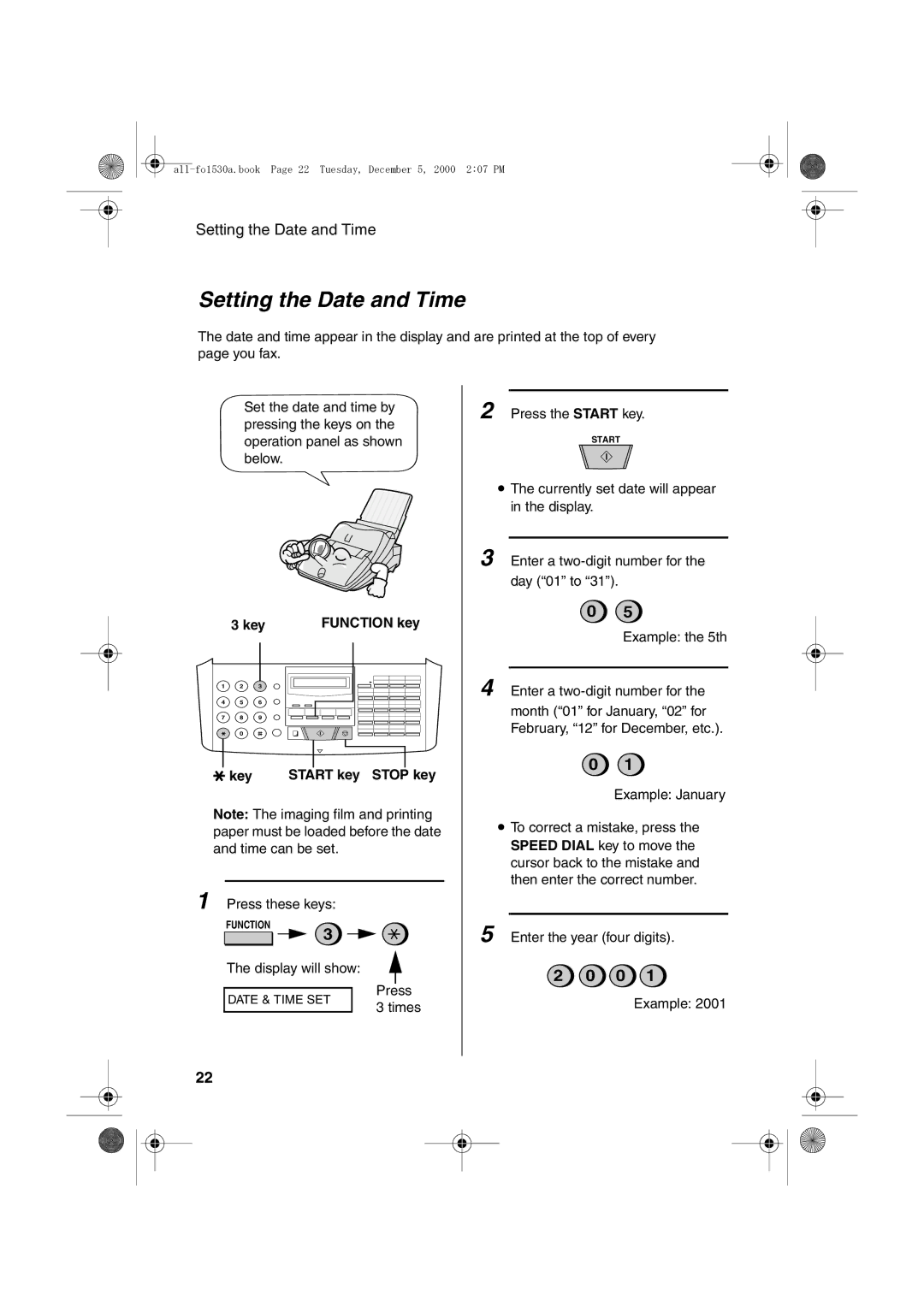 Sharp FO-1530 operation manual Setting the Date and Time, Key Function key Start key Stop key 