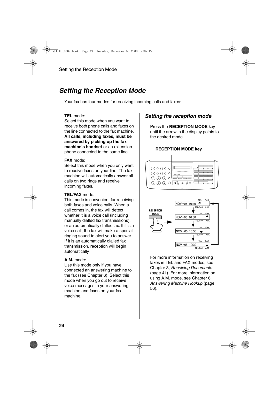 Sharp FO-1530 Setting the Reception Mode, Setting the reception mode, TEL/FAX mode, Press the Reception Mode key 