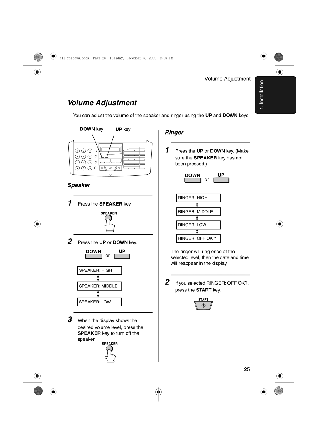 Sharp FO-1530 operation manual Volume Adjustment, Speaker, Ringer, Down key UP key 