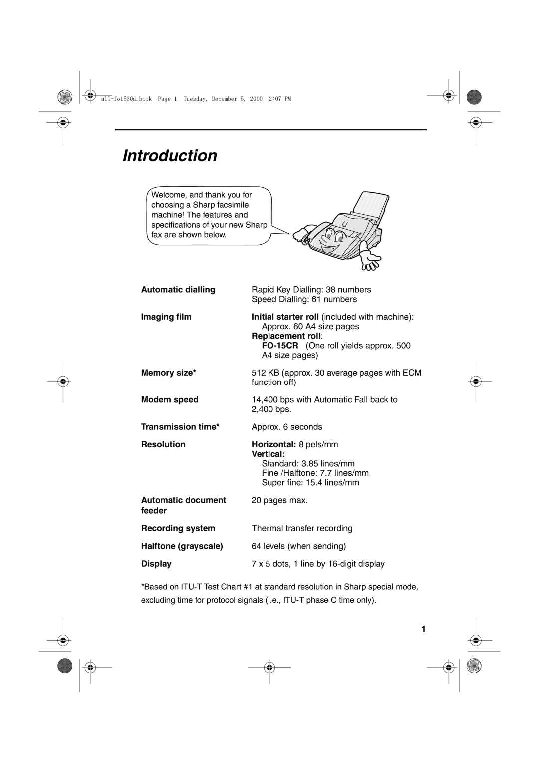 Sharp FO-1530 operation manual Introduction, Display 