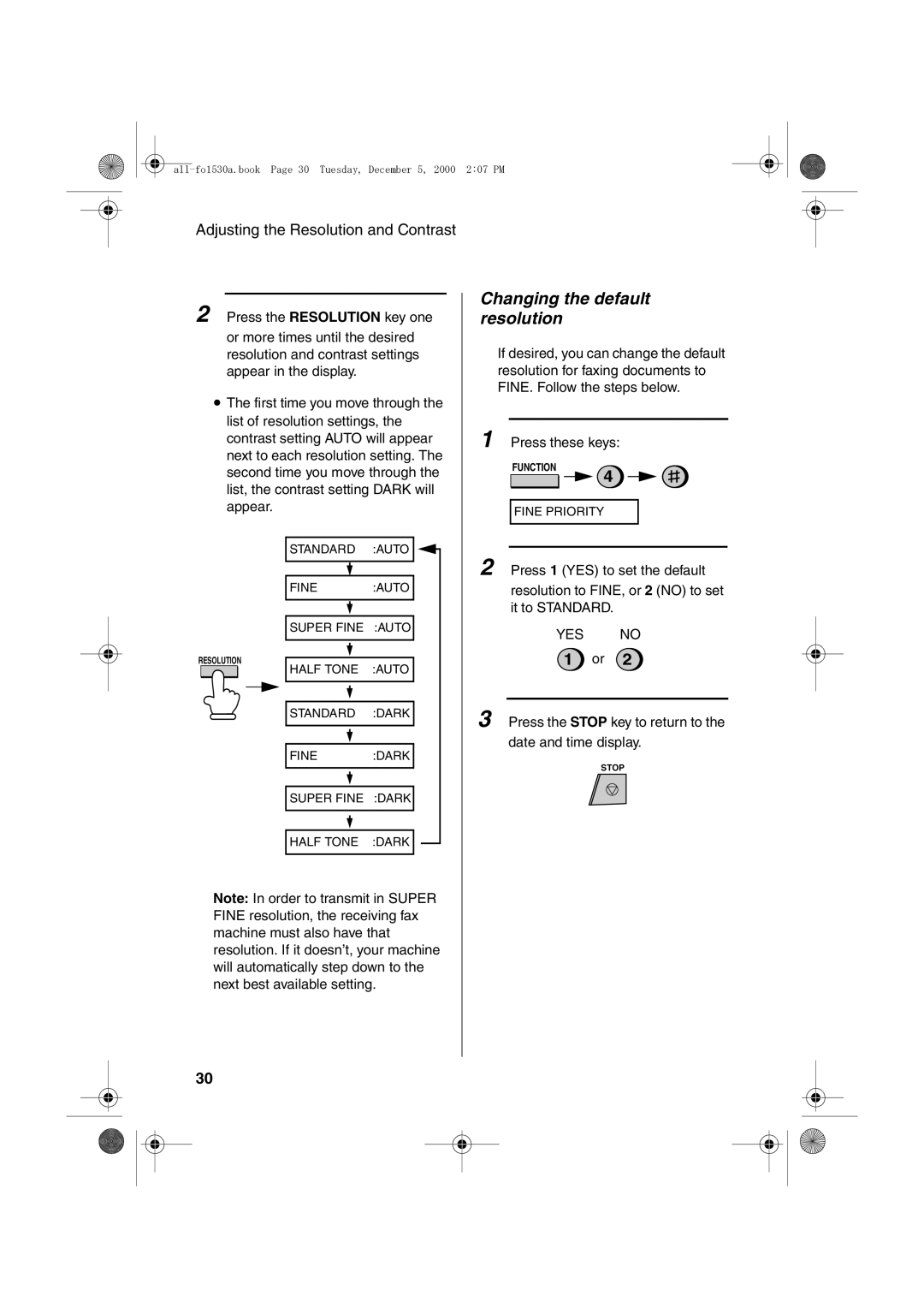 Sharp FO-1530 operation manual Changing the default resolution, YES no 