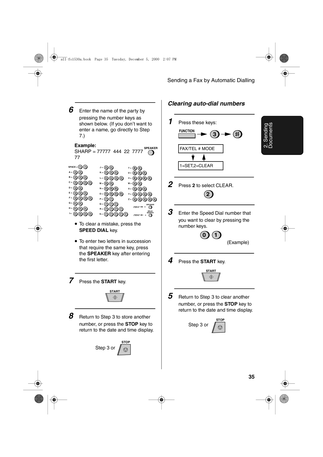 Sharp FO-1530 operation manual Clearing auto-dial numbers, Example 