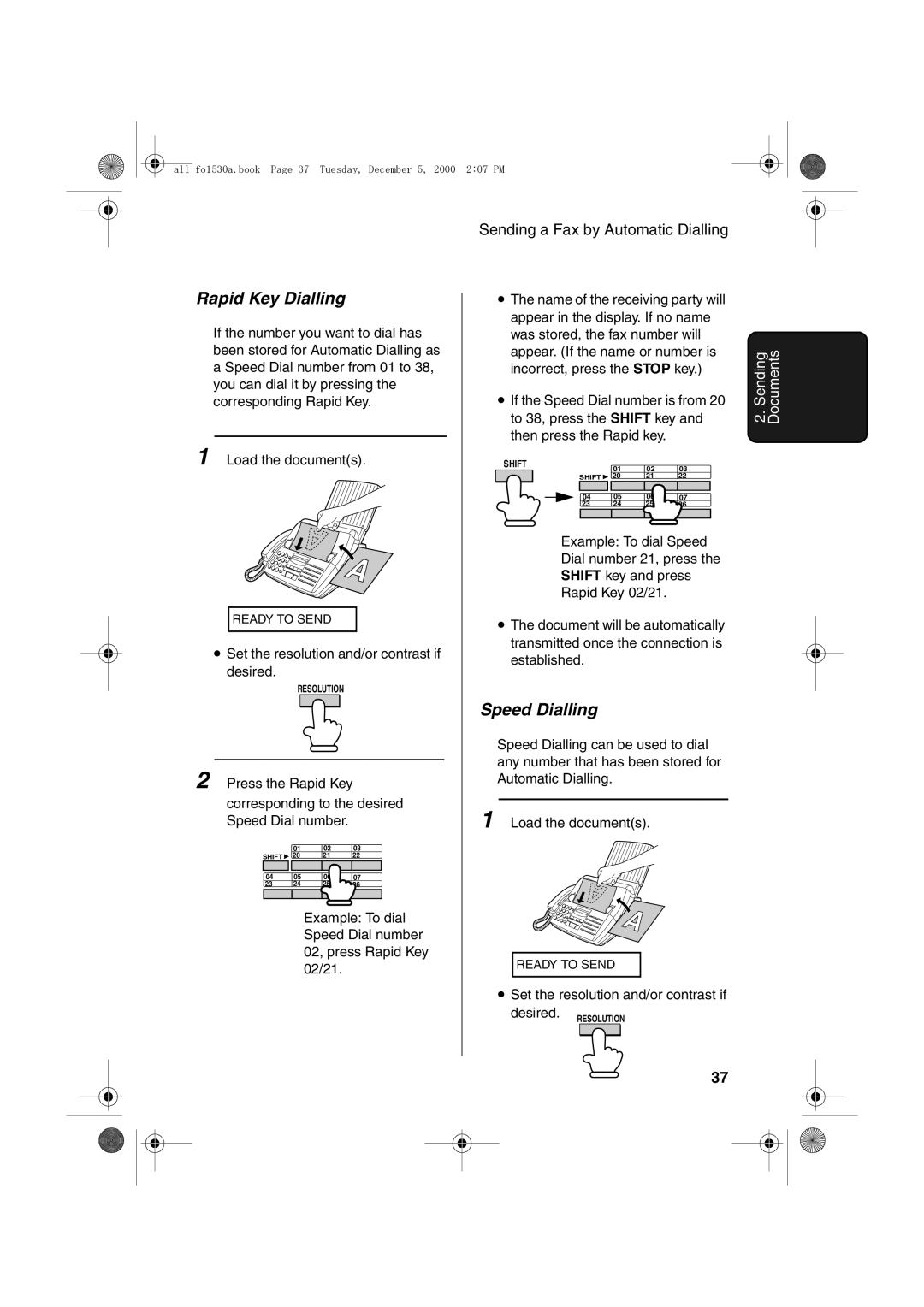 Sharp FO-1530 operation manual Rapid Key Dialling, Speed Dialling 