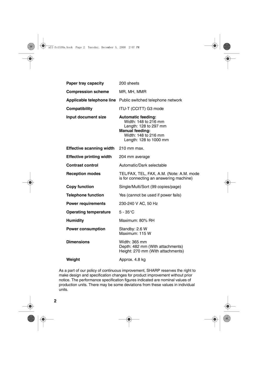 Sharp FO-1530 operation manual Weight, Applicable telephone line 