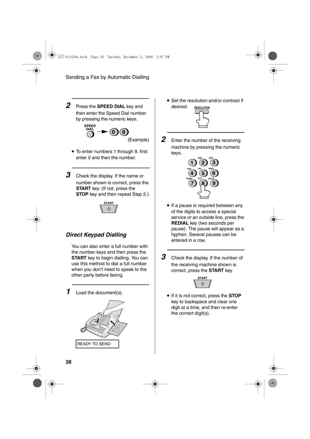 Sharp FO-1530 operation manual Direct Keypad Dialling 