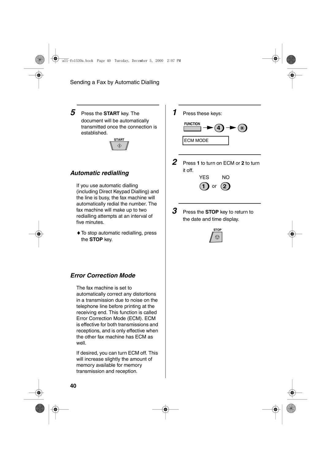 Sharp FO-1530 operation manual Automatic redialling, Error Correction Mode 