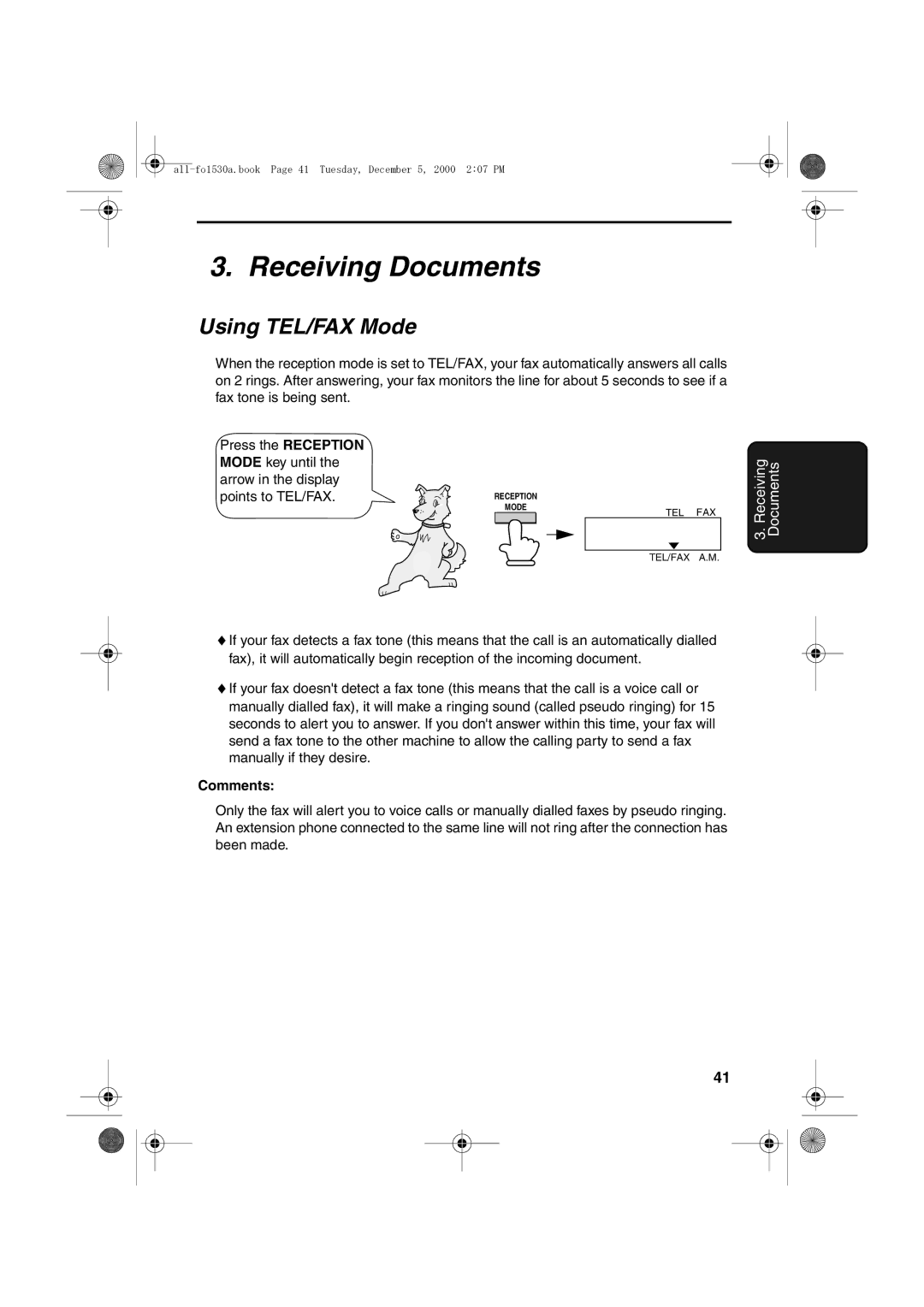 Sharp FO-1530 operation manual Receiving Documents, Using TEL/FAX Mode, Comments 