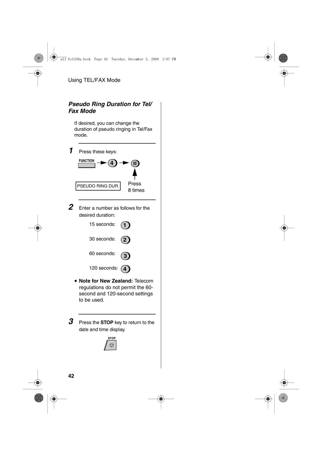 Sharp FO-1530 operation manual Pseudo Ring Duration for Tel/ Fax Mode, Press Times 