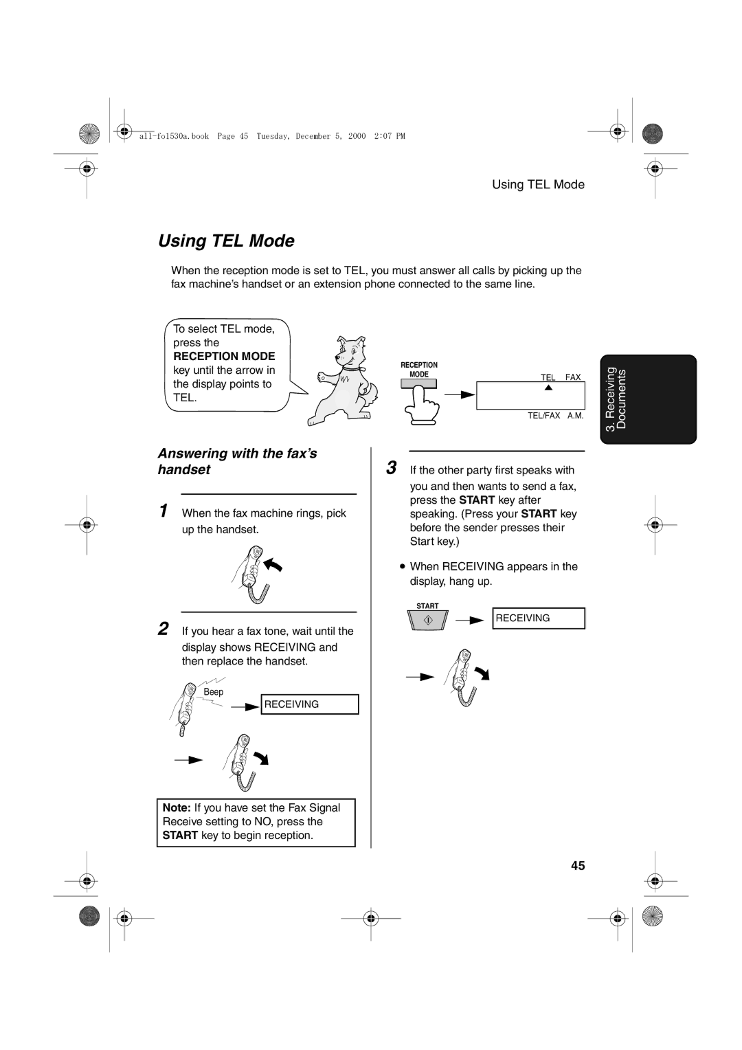 Sharp FO-1530 operation manual Using TEL Mode, Answering with the fax’s handset 