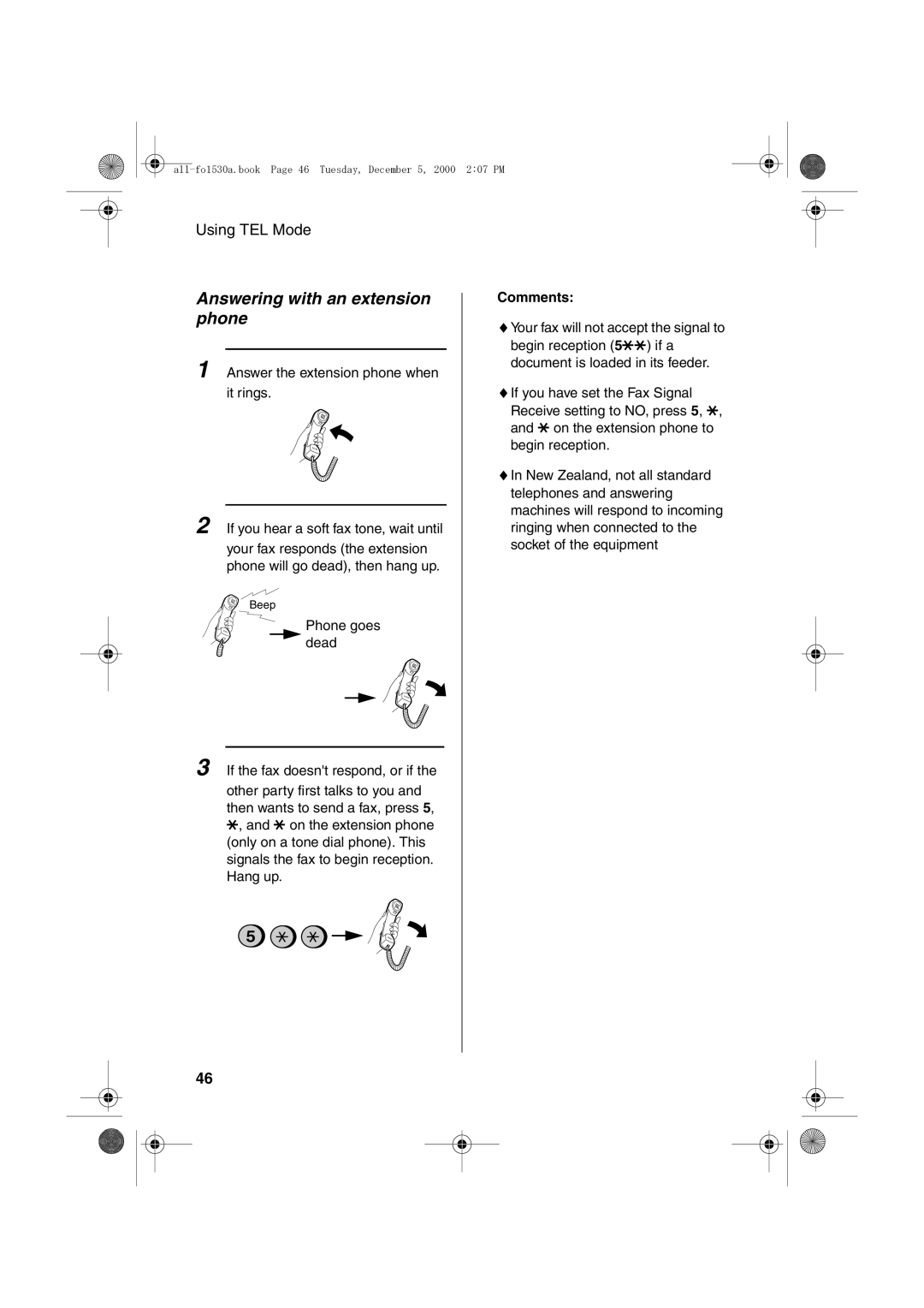 Sharp FO-1530 operation manual Answering with an extension phone, Comments 